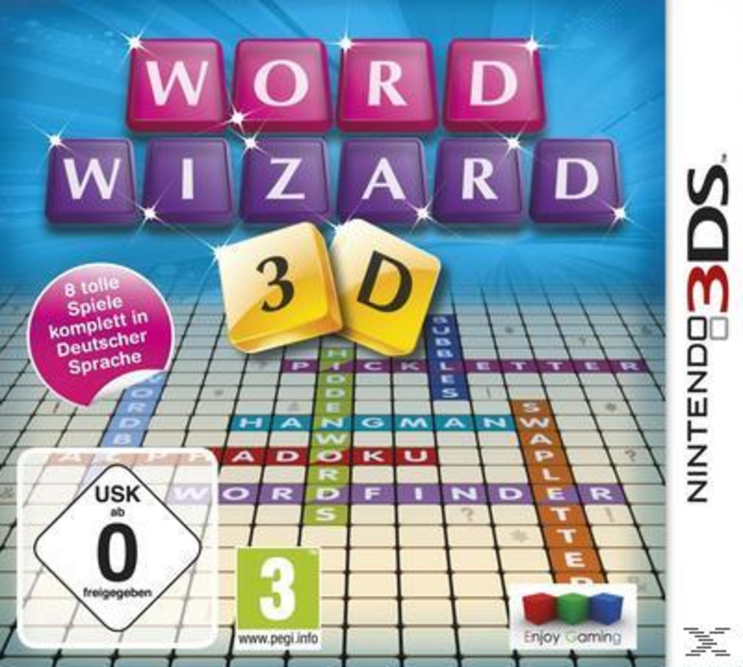 Word Wizard Nintendo 3DS Spielbox mit Buchstabenkacheln und USK-Siegel.