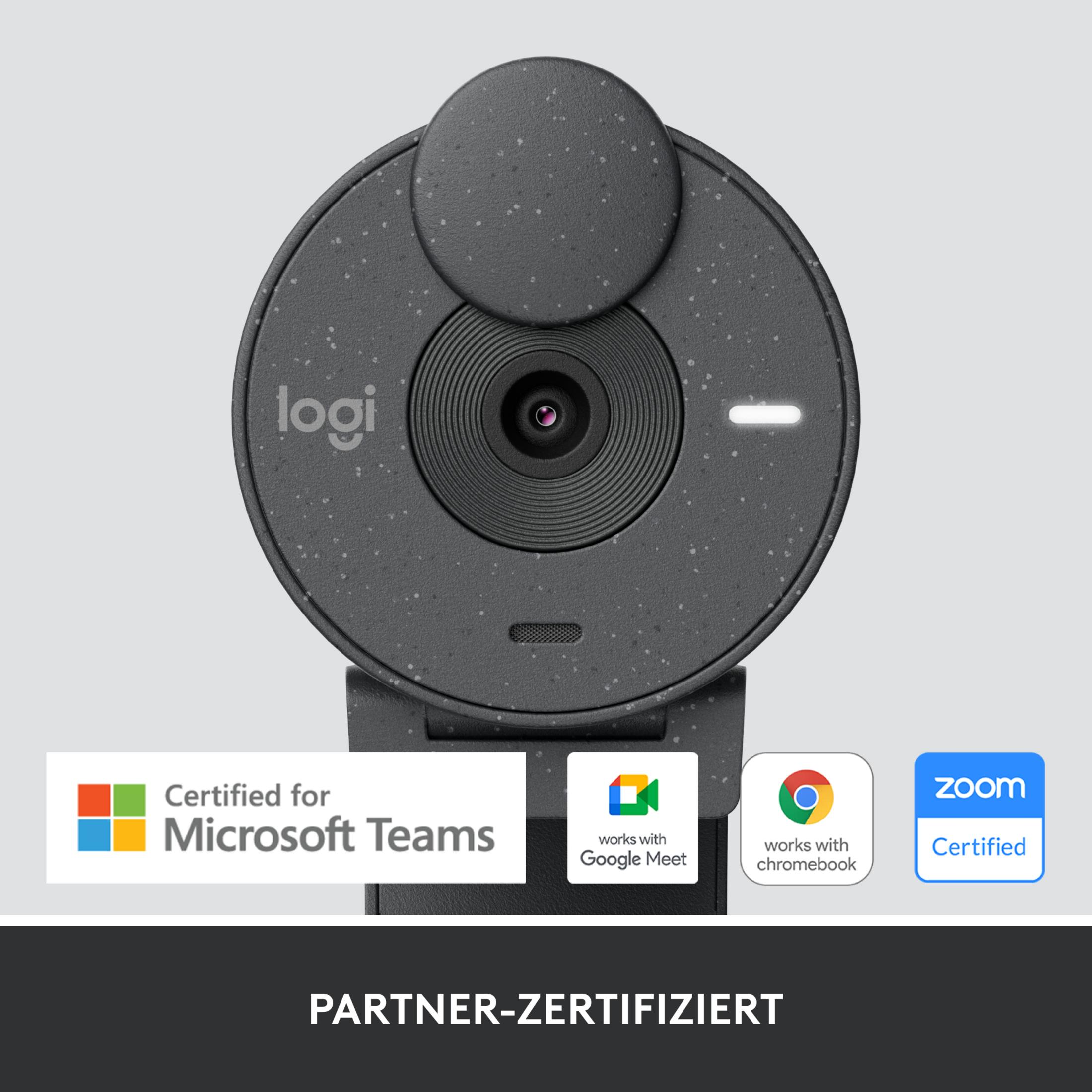 Szara kamera internetowa Logitech z certyfikatami Microsoft Teams, Google Meet, Zoom.