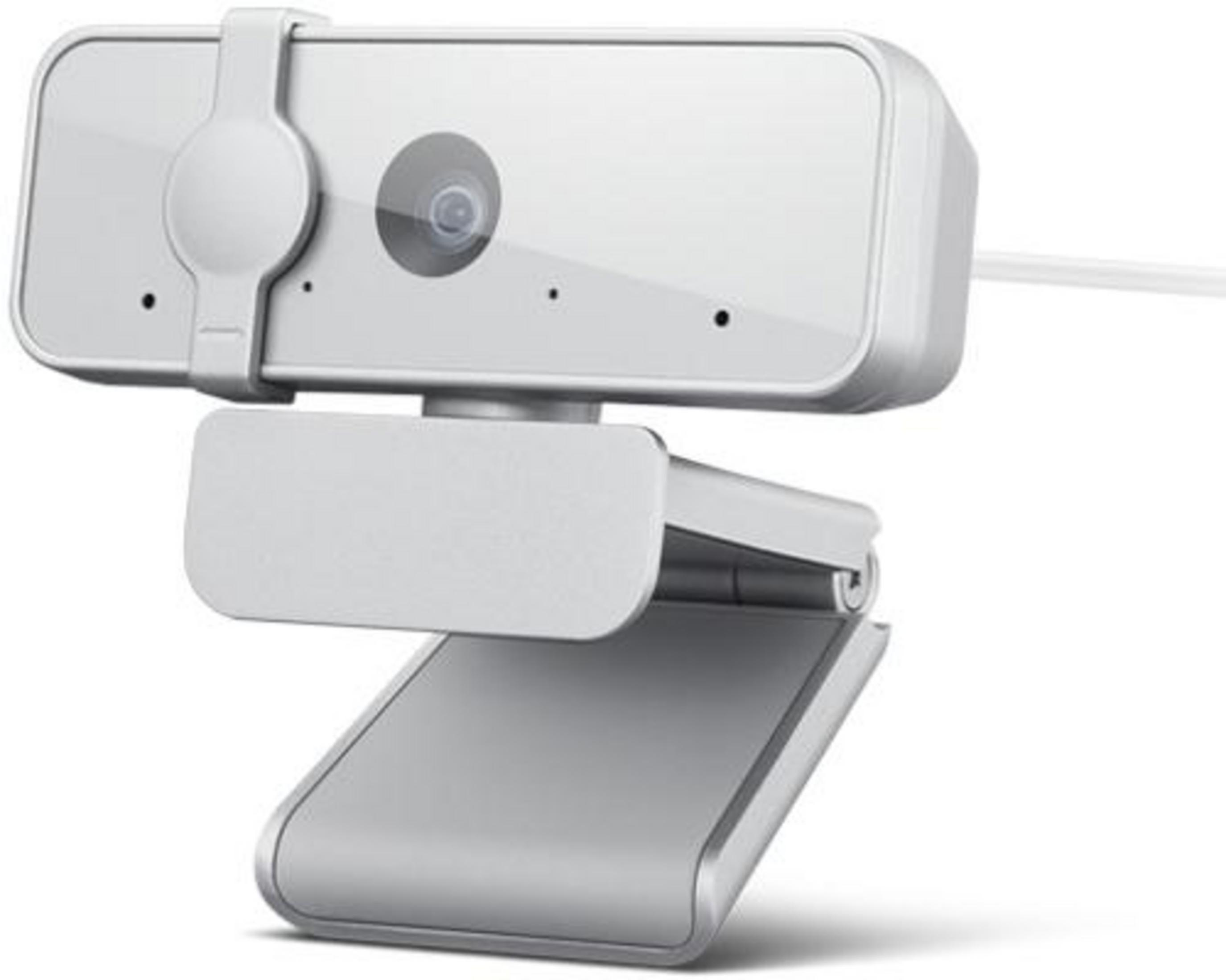 Una webcam bianca con supporto regolabile e obiettivo centrale.