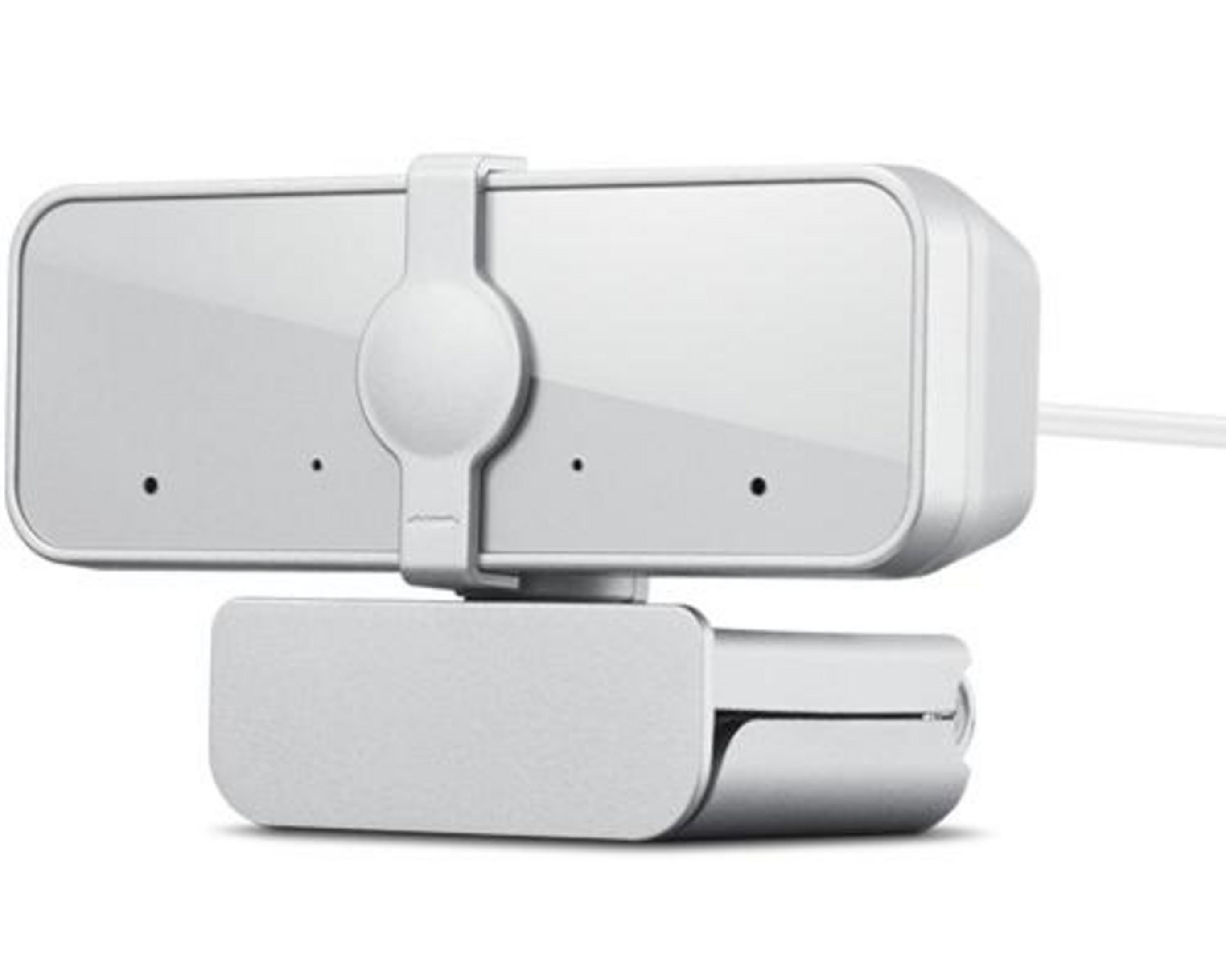 Una webcam bianca con due lenti e una clip di montaggio.