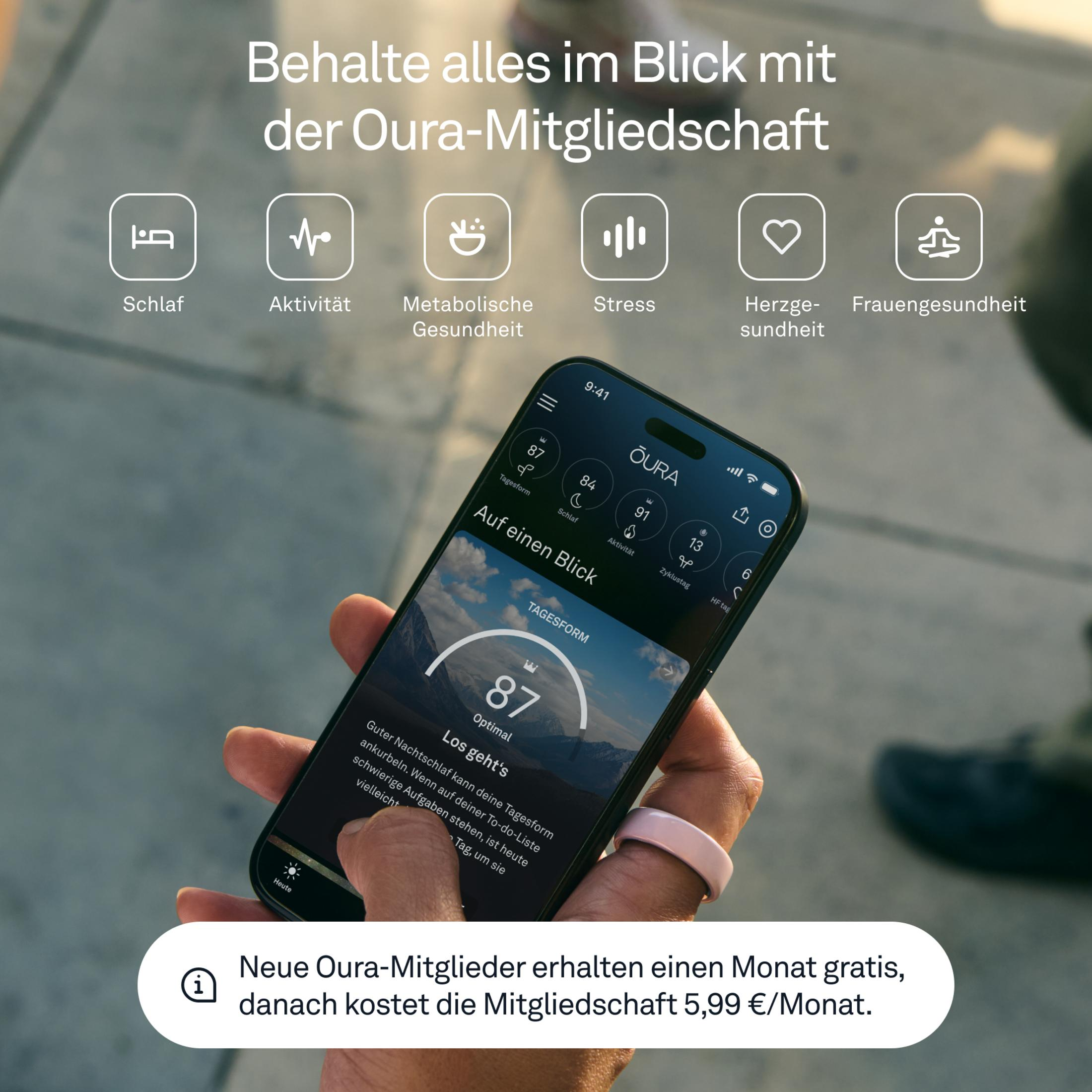 Oura App zeigt Schlaf, Aktivität, Herzgesundheit & mehr. Hand hält Smartphone.