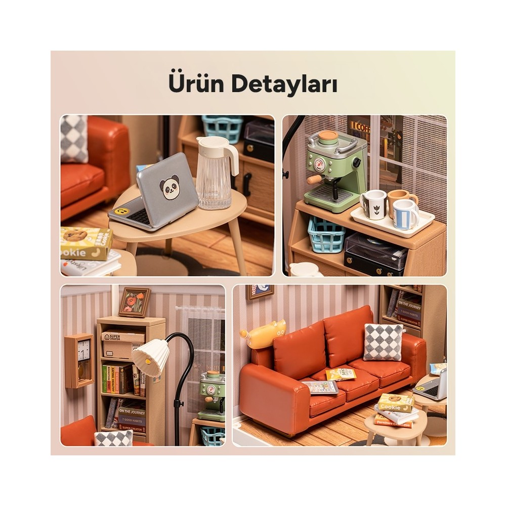 Miniatur-Wohnzimmer mit Sofa, Kaffeemaschine, Laptop und Bücherregal.