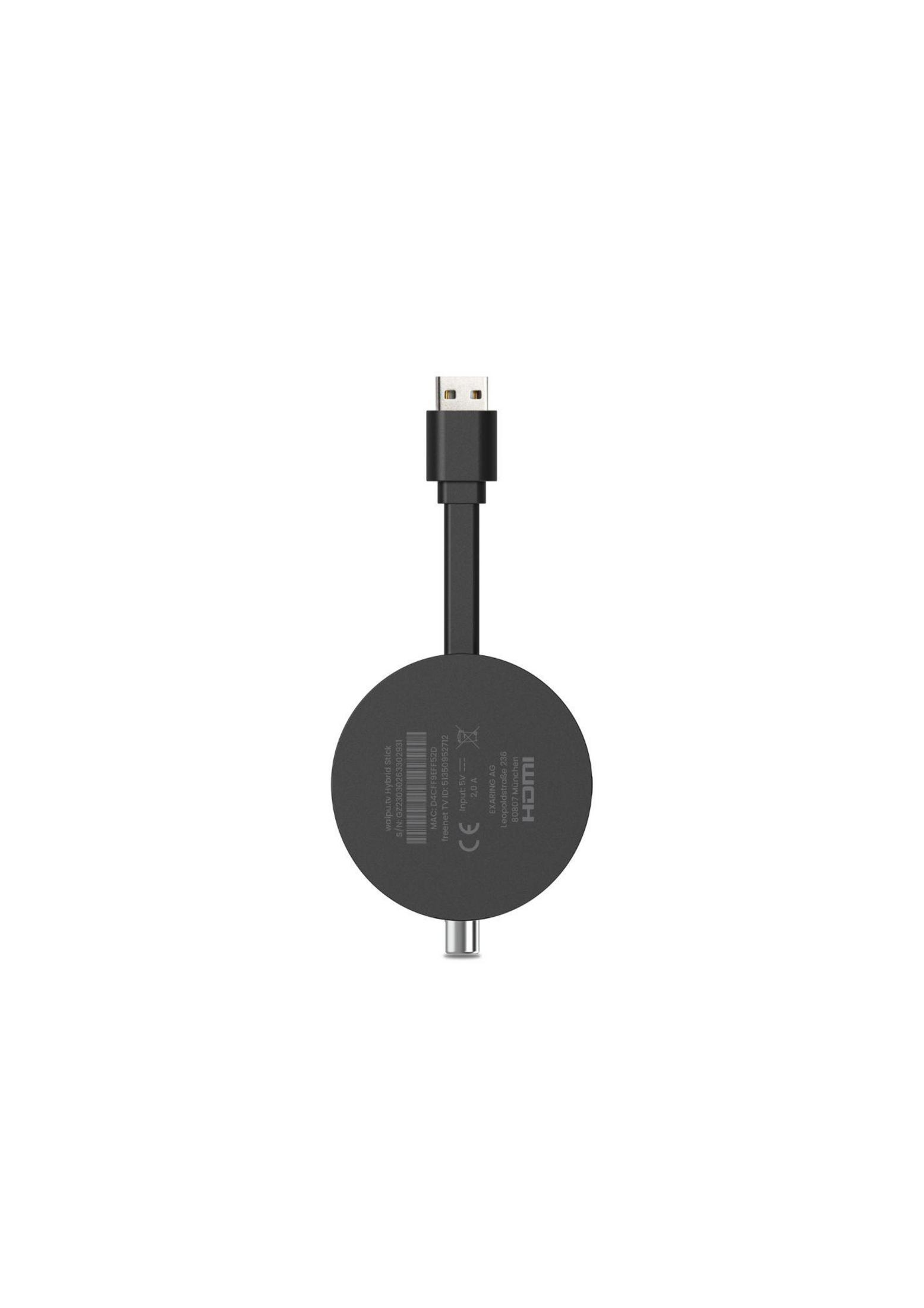 Ein schwarzer runder HDMI-Stick mit USB-Kabel und Beschriftung.