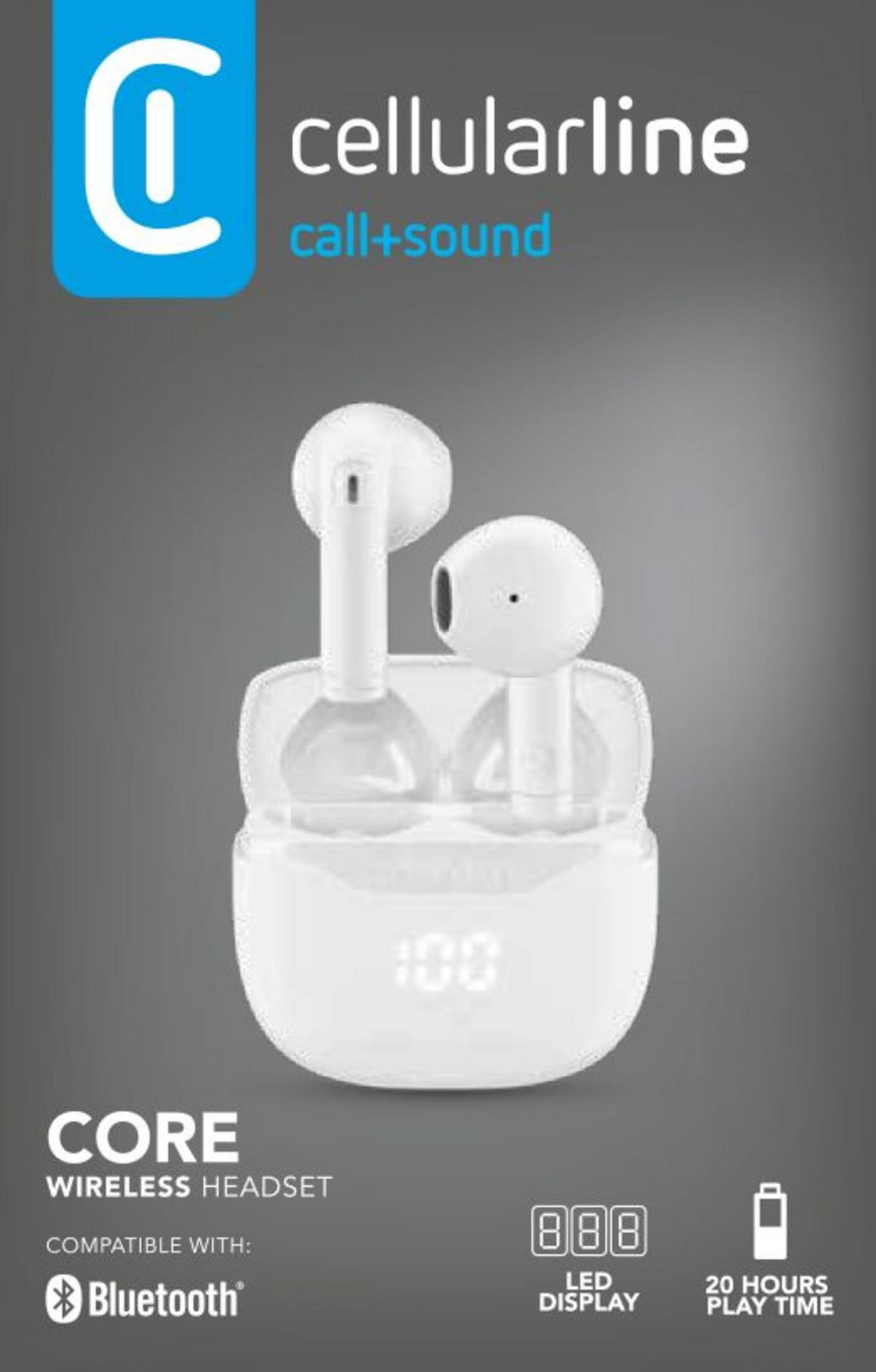 Auricolari wireless bianchi in custodia di ricarica con display LED, logo e testo.