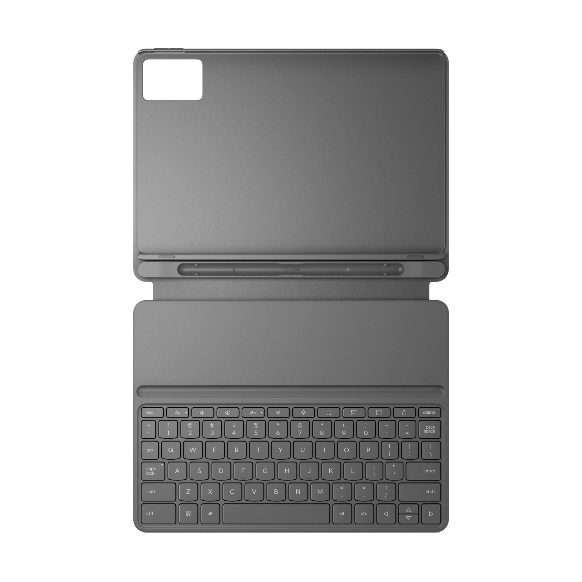 Tablet grigio con custodia tastiera allegata e porta penna.