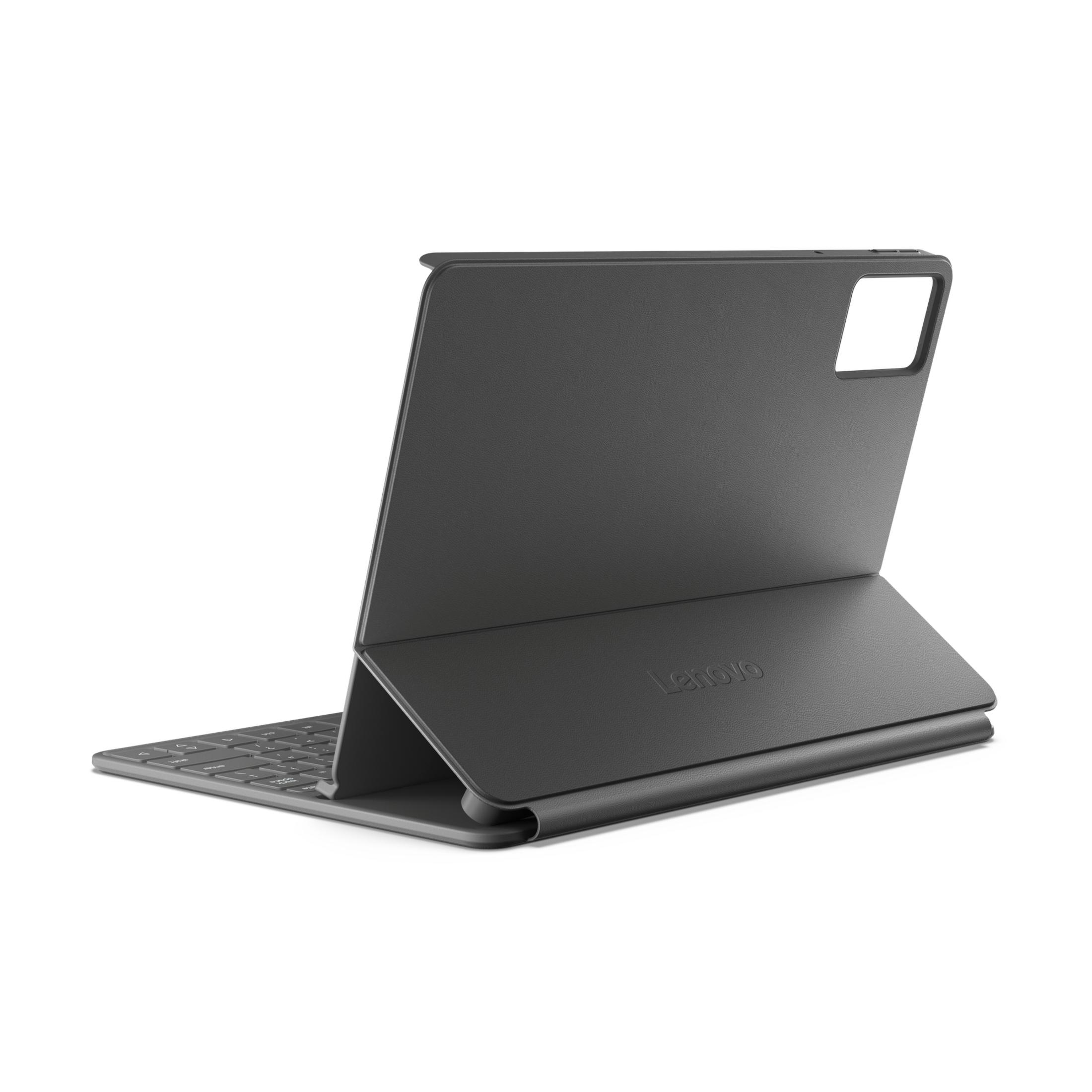Un tablet Lenovo grigio con supporto tastiera attaccato.