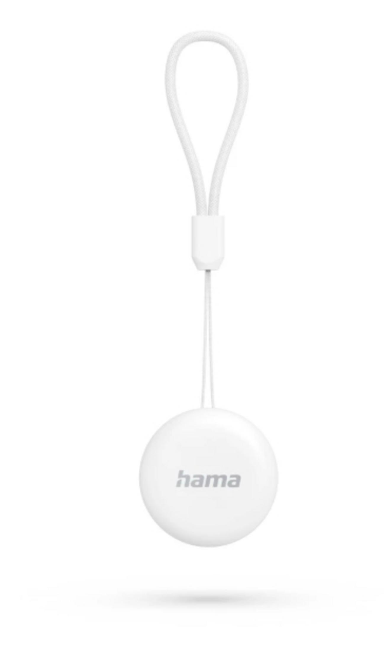 Ein weißer Hama-Schlüsselanhänger mit einer runden Kapsel und einer Schlaufe.