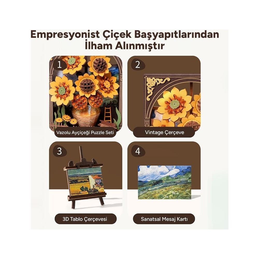 Quatre images : Puzzle tournesol, cadre vintage, tableau 3D, carte artistique.