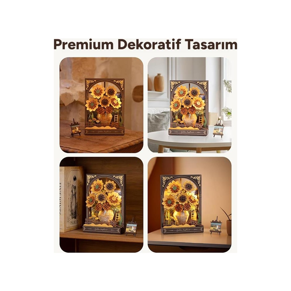 Modèle décoratif en bois avec des tournesols dans un vase, éclairé.