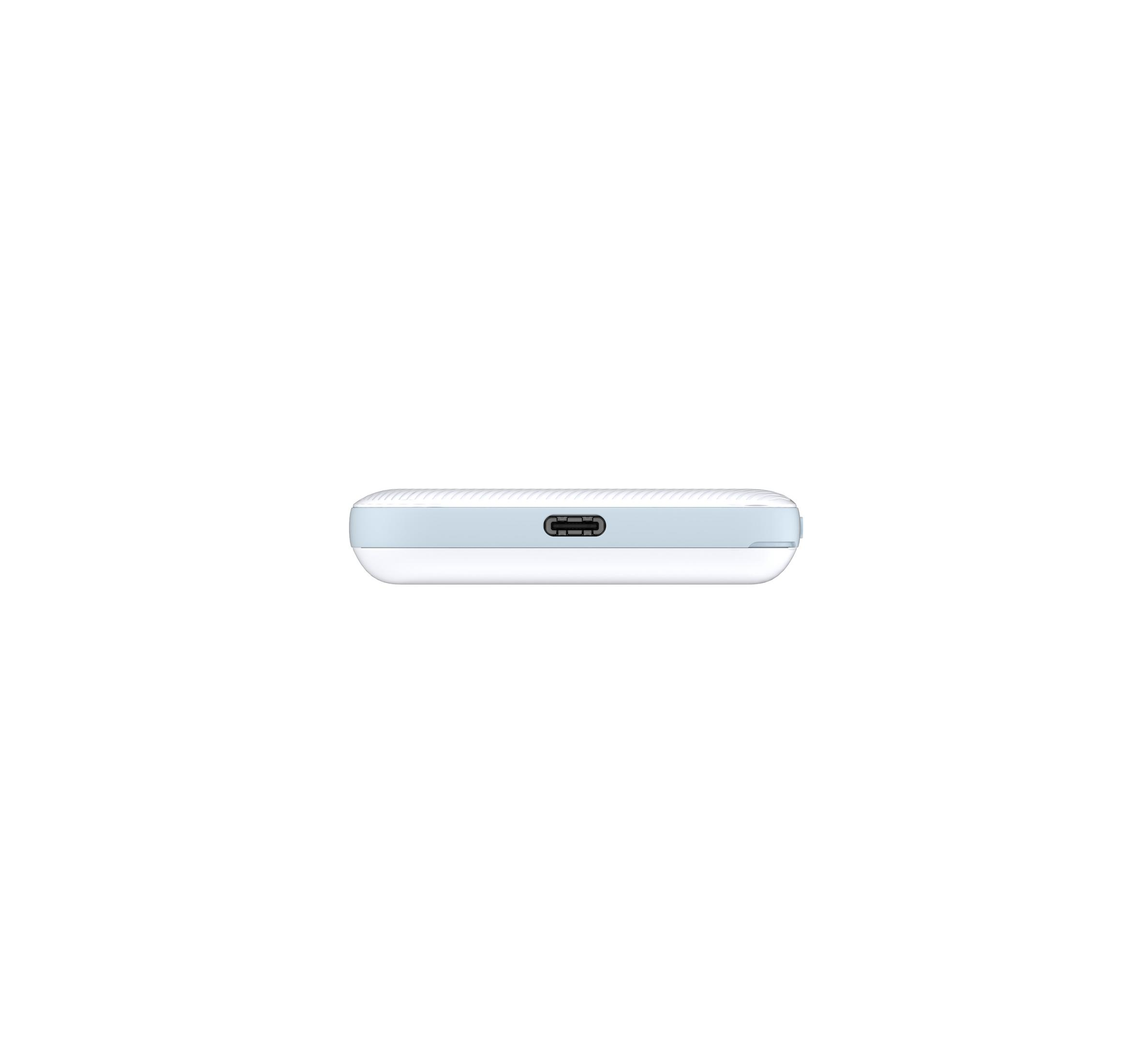 Un dispositivo rettangolare bianco con porta USB-C e accenti blu sul lato.