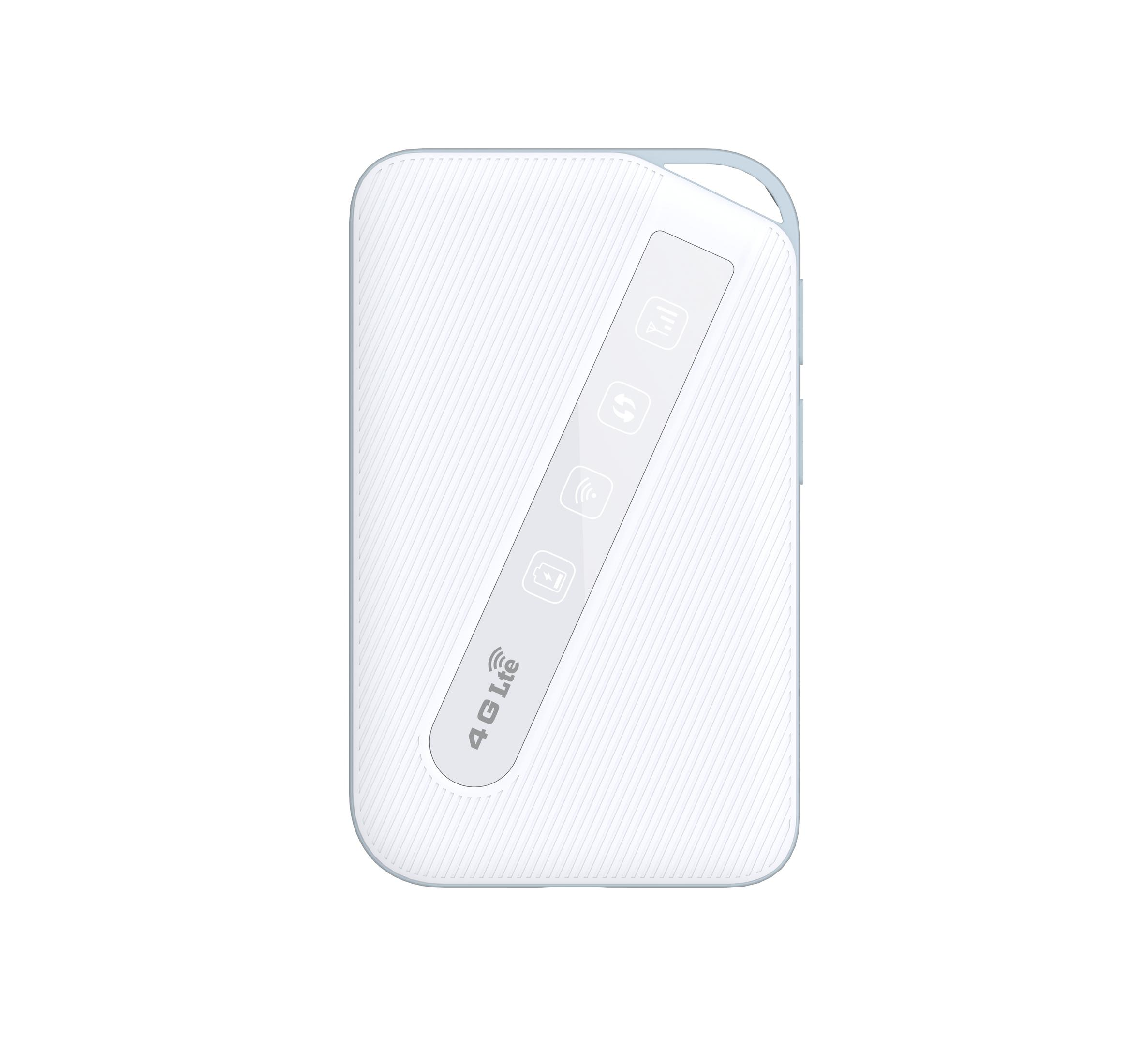 Un dispositivo hotspot mobile 4G LTE bianco con icone di carica e Wi-Fi.
