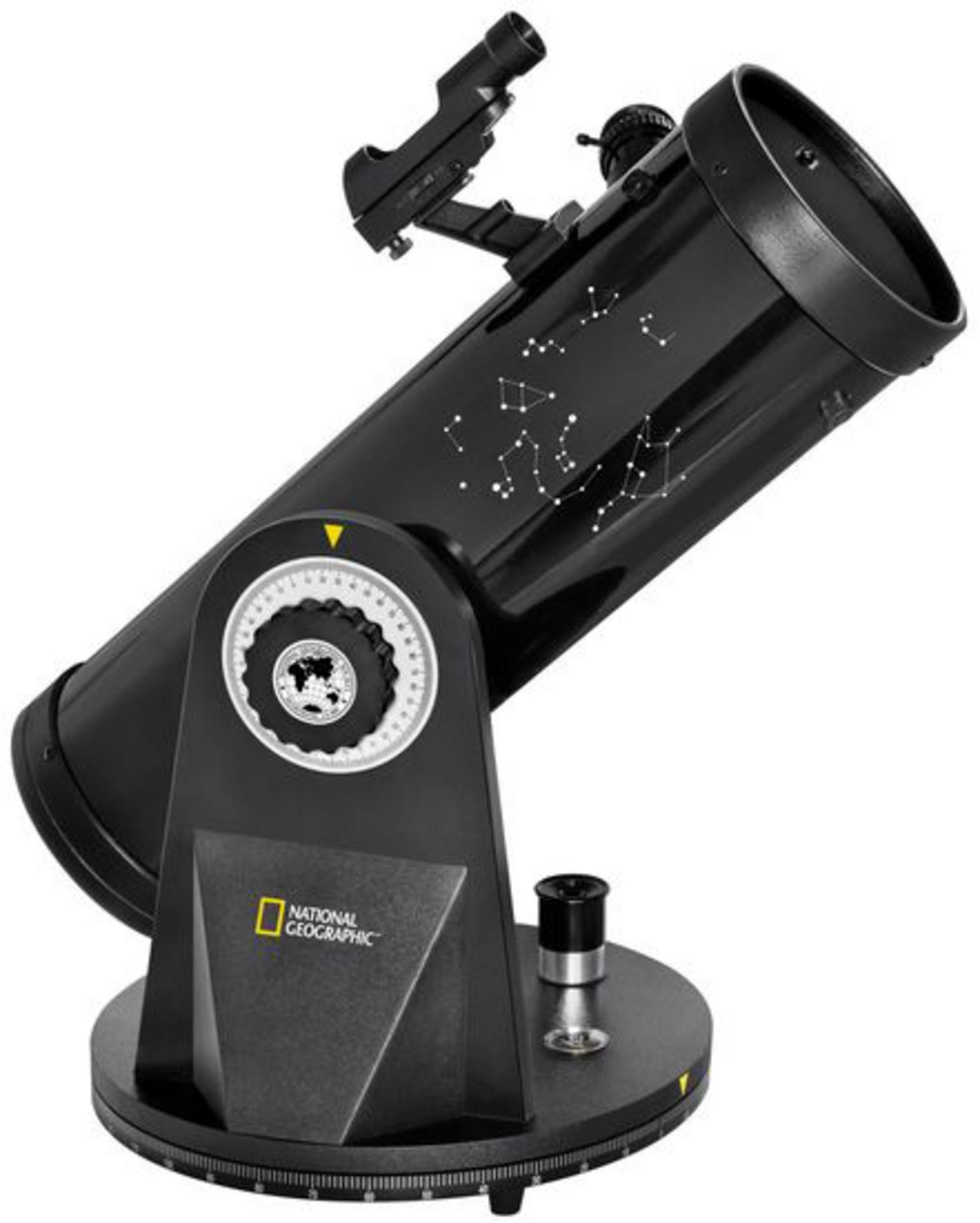 Un telescopio National Geographic nero con costellazioni sul tubo.
