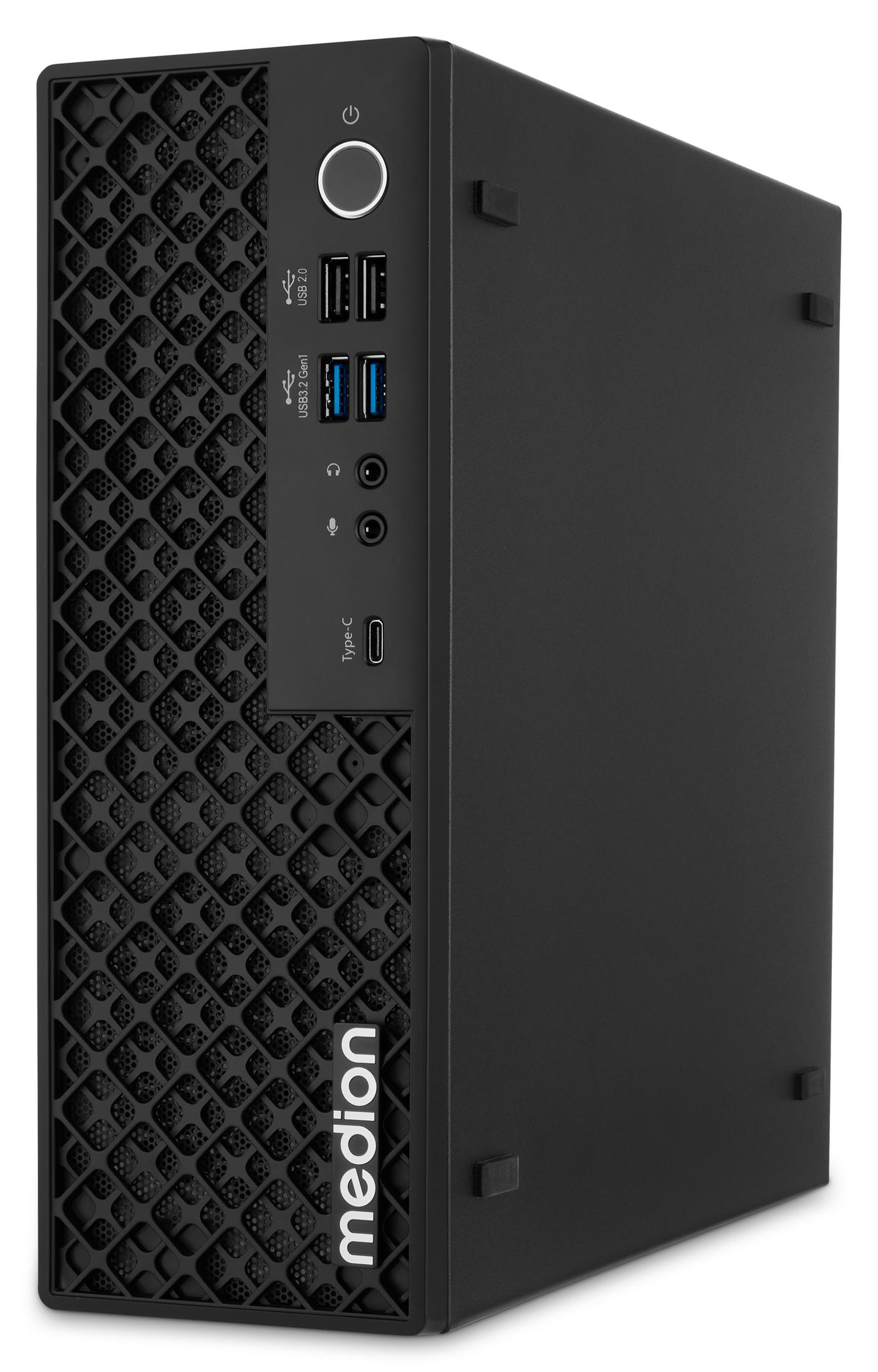 Schwarzer Medion Desktop-Computer mit vorderen USB-Anschlüssen, Power-Knopf und Netzbelüftung.