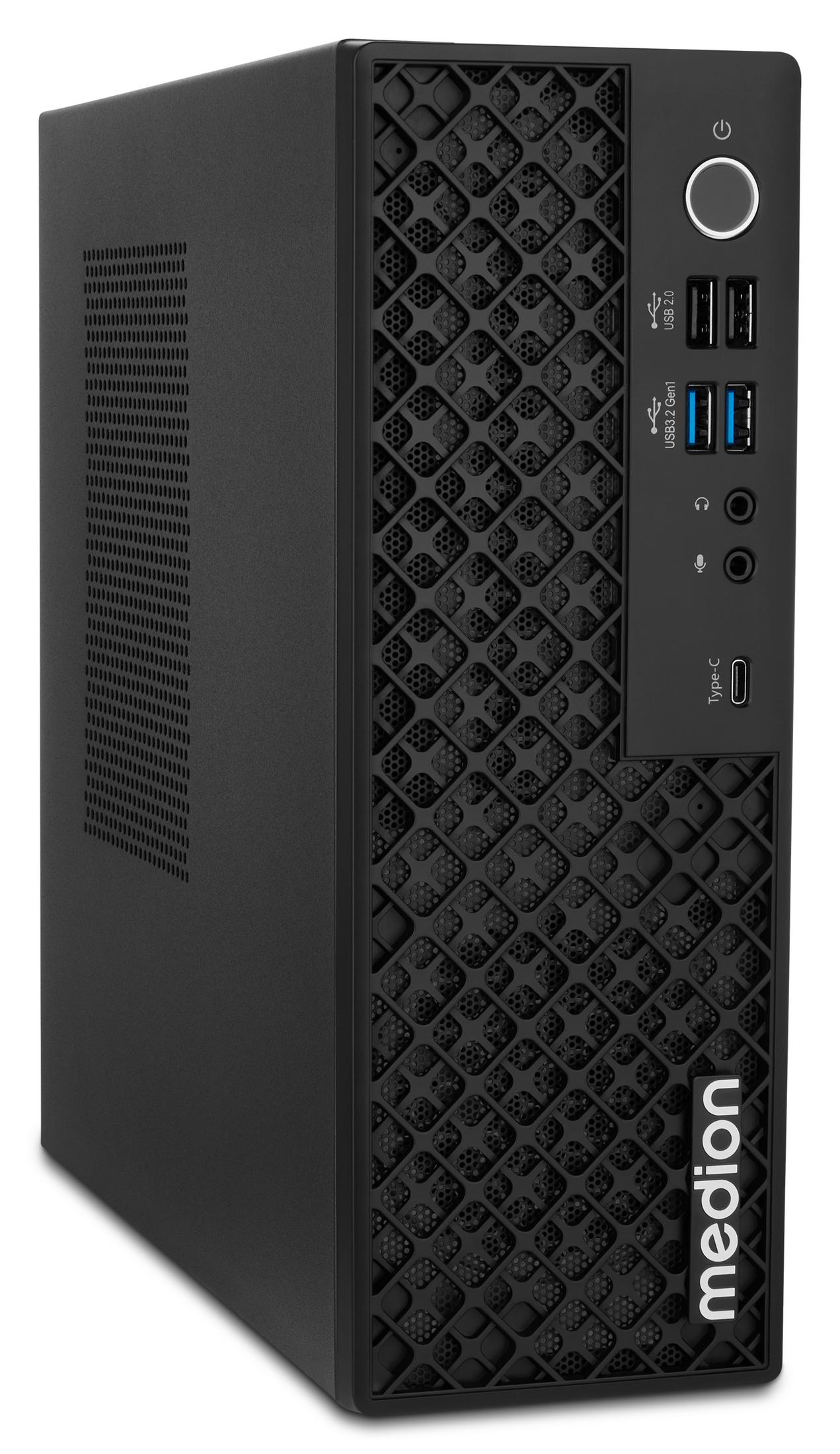 Schwarzer Medion PC mit Lüftungsgitter und Anschlüssen vorne.