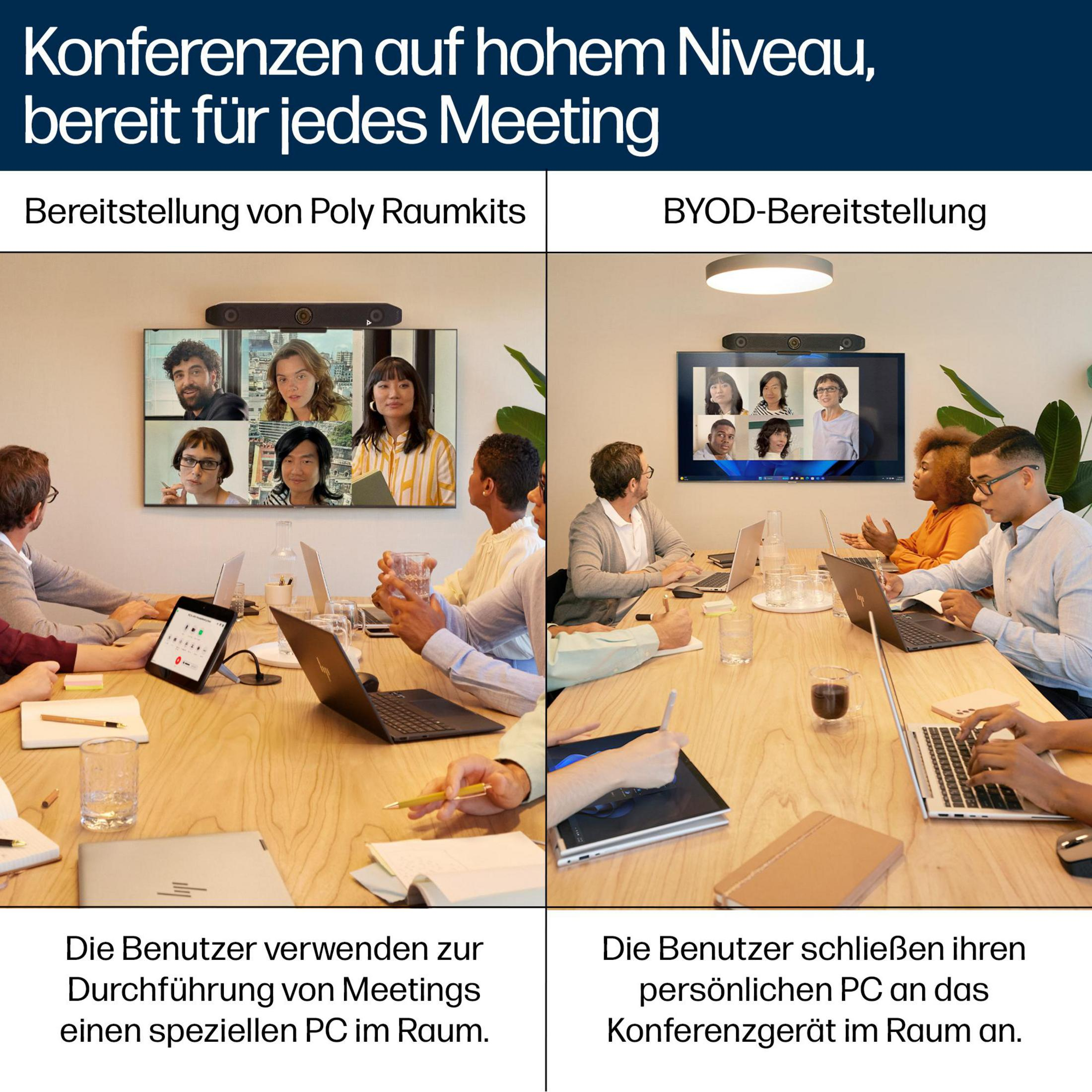 Zwei Konferenzszenen: Links Poly-Raumkits, rechts BYOD. Personen sitzen am Tisch.