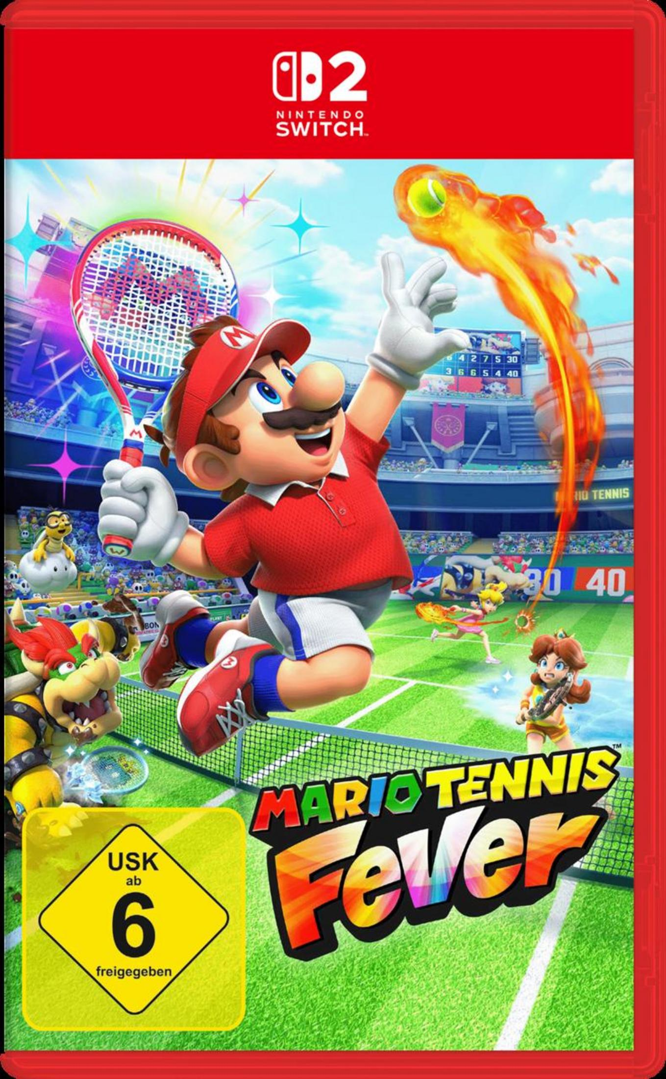 Mario colpisce una palla da tennis in fiamme. Bowser e la Principessa Peach sono sullo sfondo.