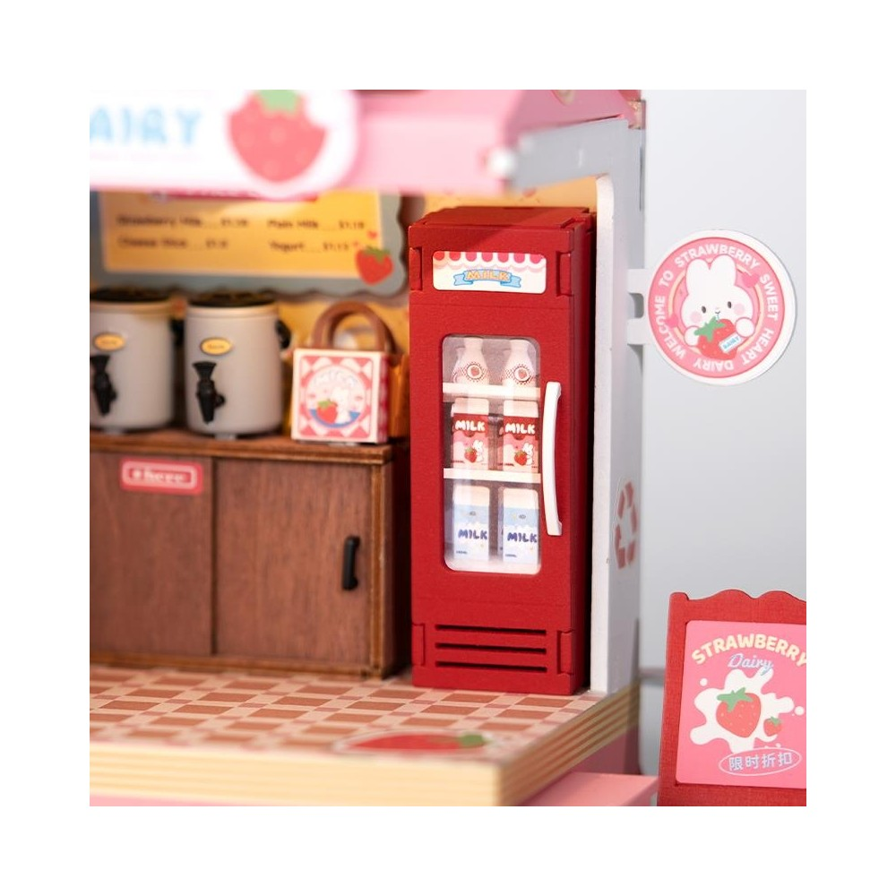 Un minimarket del latte con frigorifero rosso, mobili in legno e insegne.