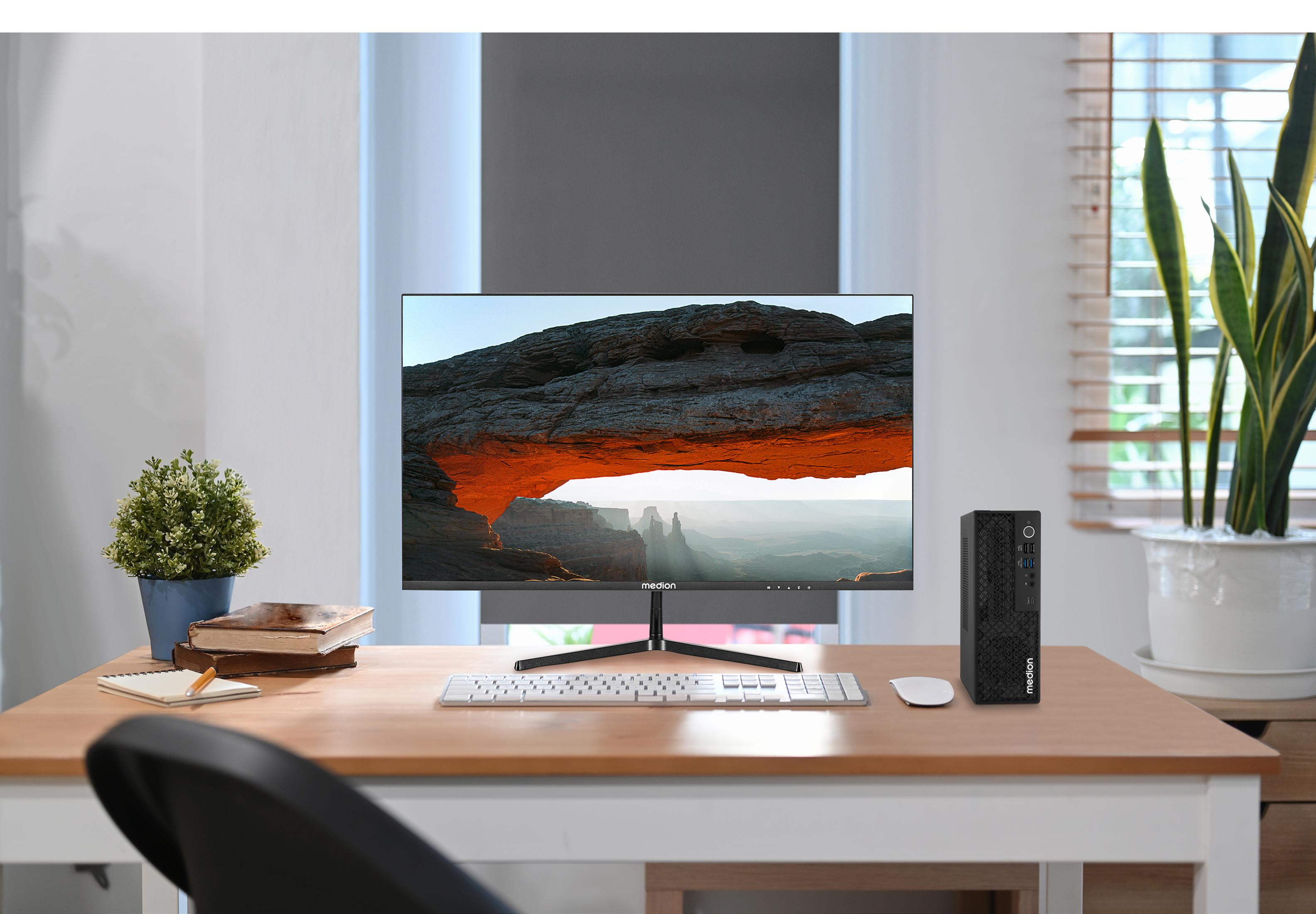 A desk with a Medion PC, monitor, keyboard, mouse, books, and a plant.