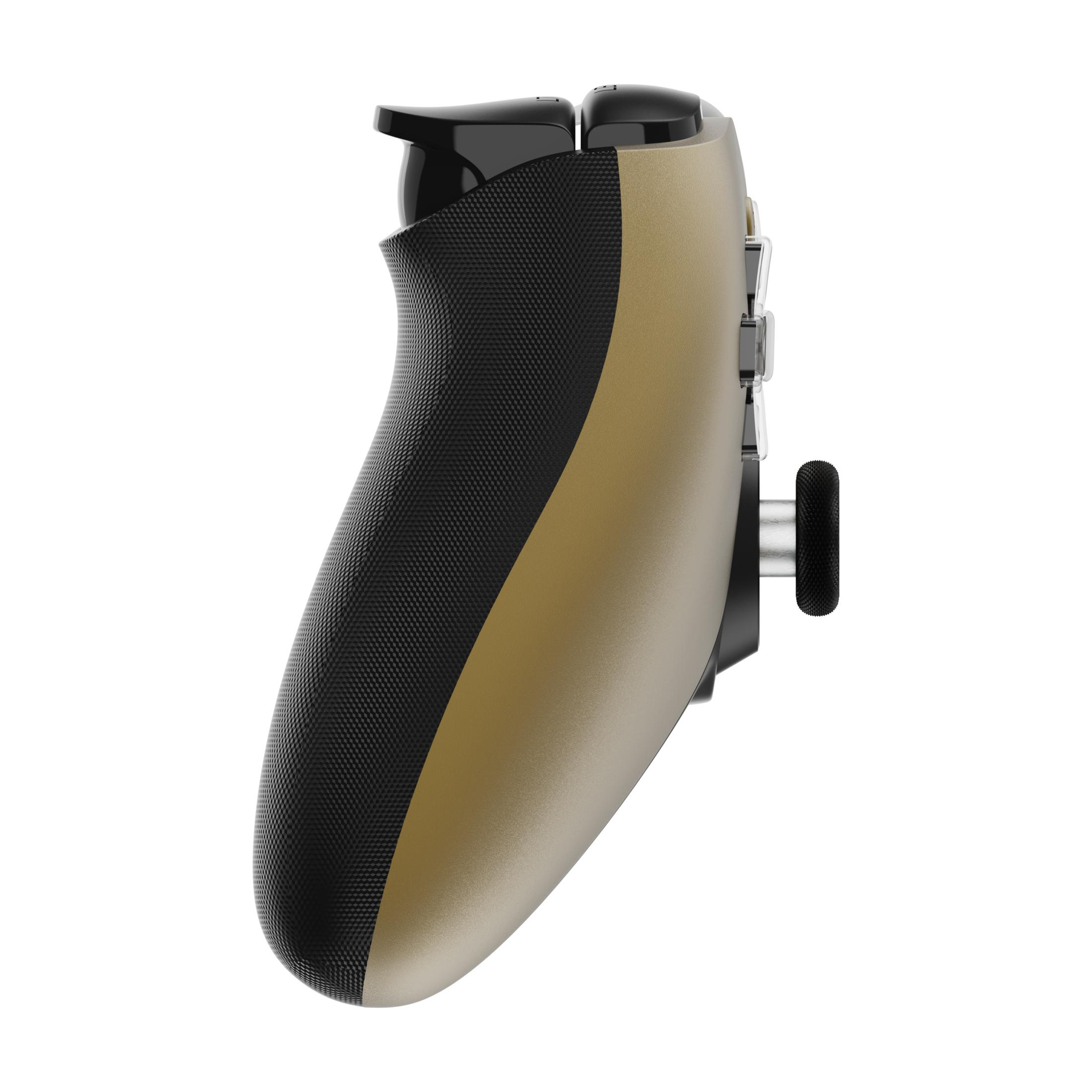 Controller dorato con impugnatura e pulsanti neri, su sfondo bianco.