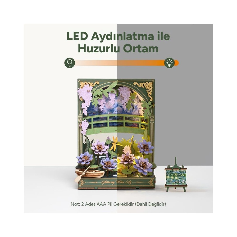 Ein Miniaturmodell einer Seerosen- und Brückenszene mit LED-Beleuchtung.