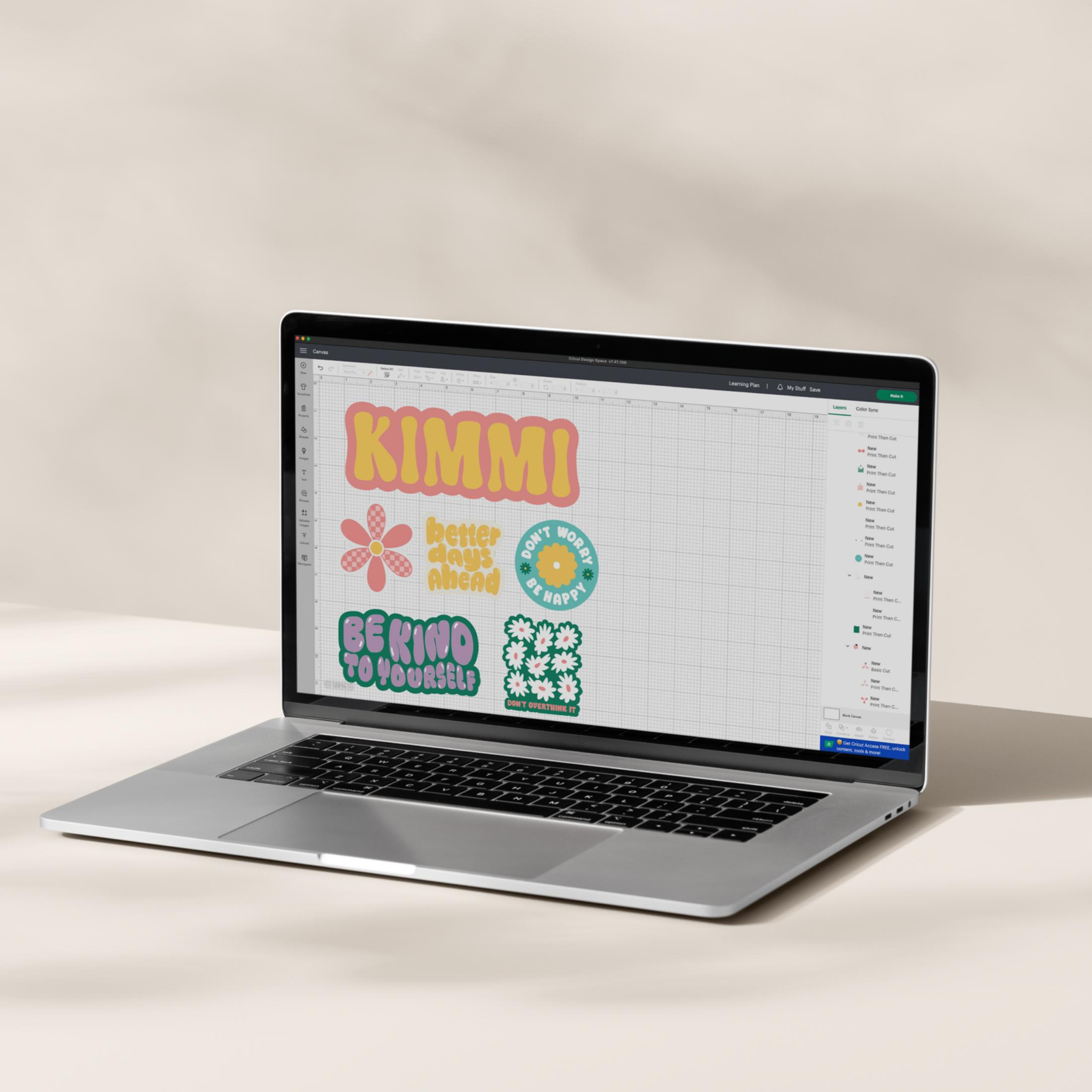 Un portátil muestra software con diseños de pegatinas coloridas: KIMMI, flores, texto.