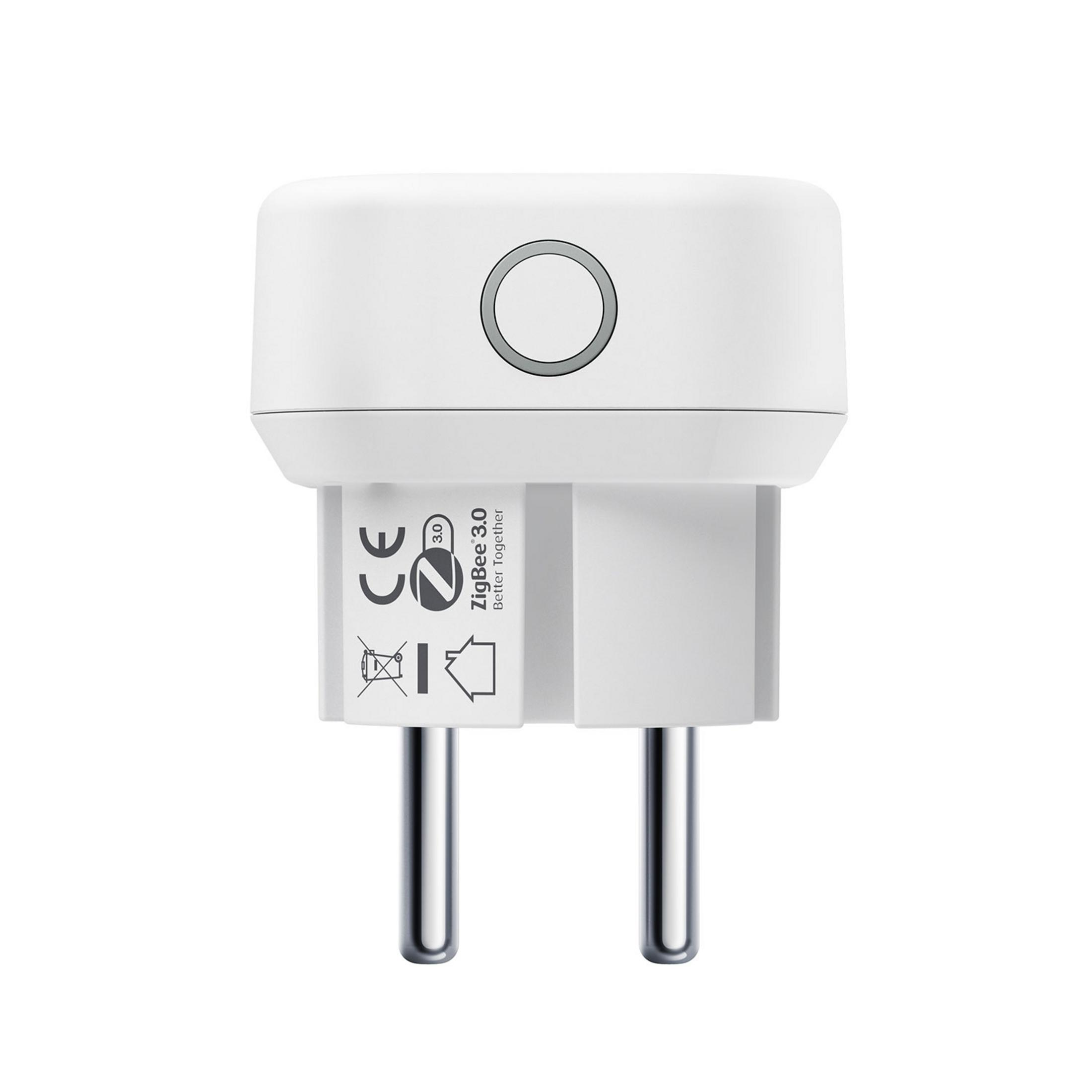 Una spina bianca Zigbee 3.0 con marchio CE e due pin.