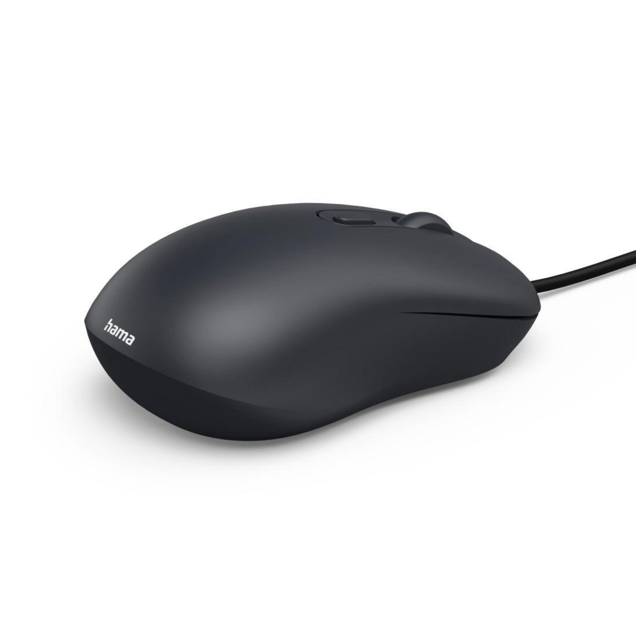 Mouse Hama nero con cavo su sfondo bianco.