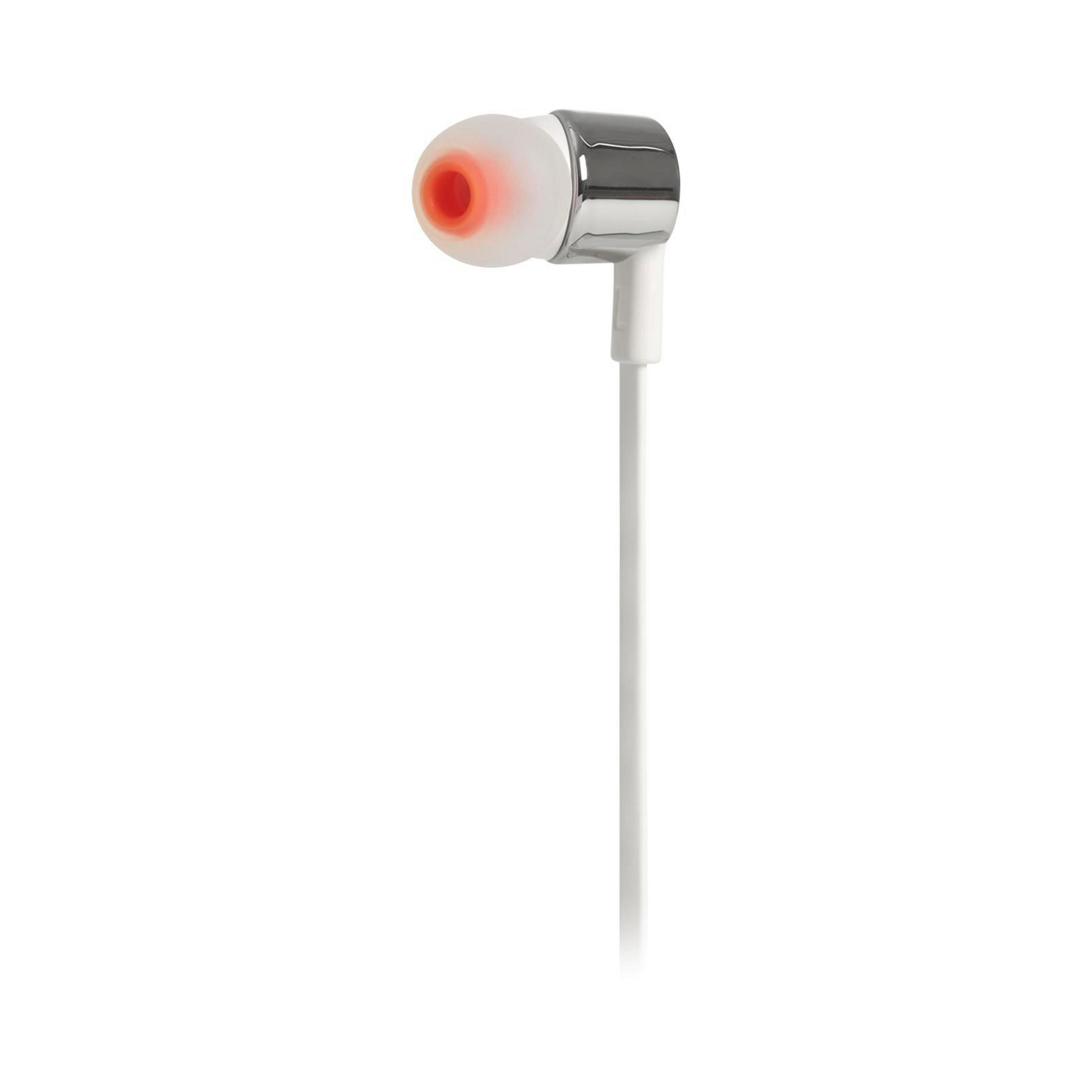 Un singolo auricolare bianco con corpo cromato e punta in silicone traslucida arancione-rossa, su sfondo bianco.