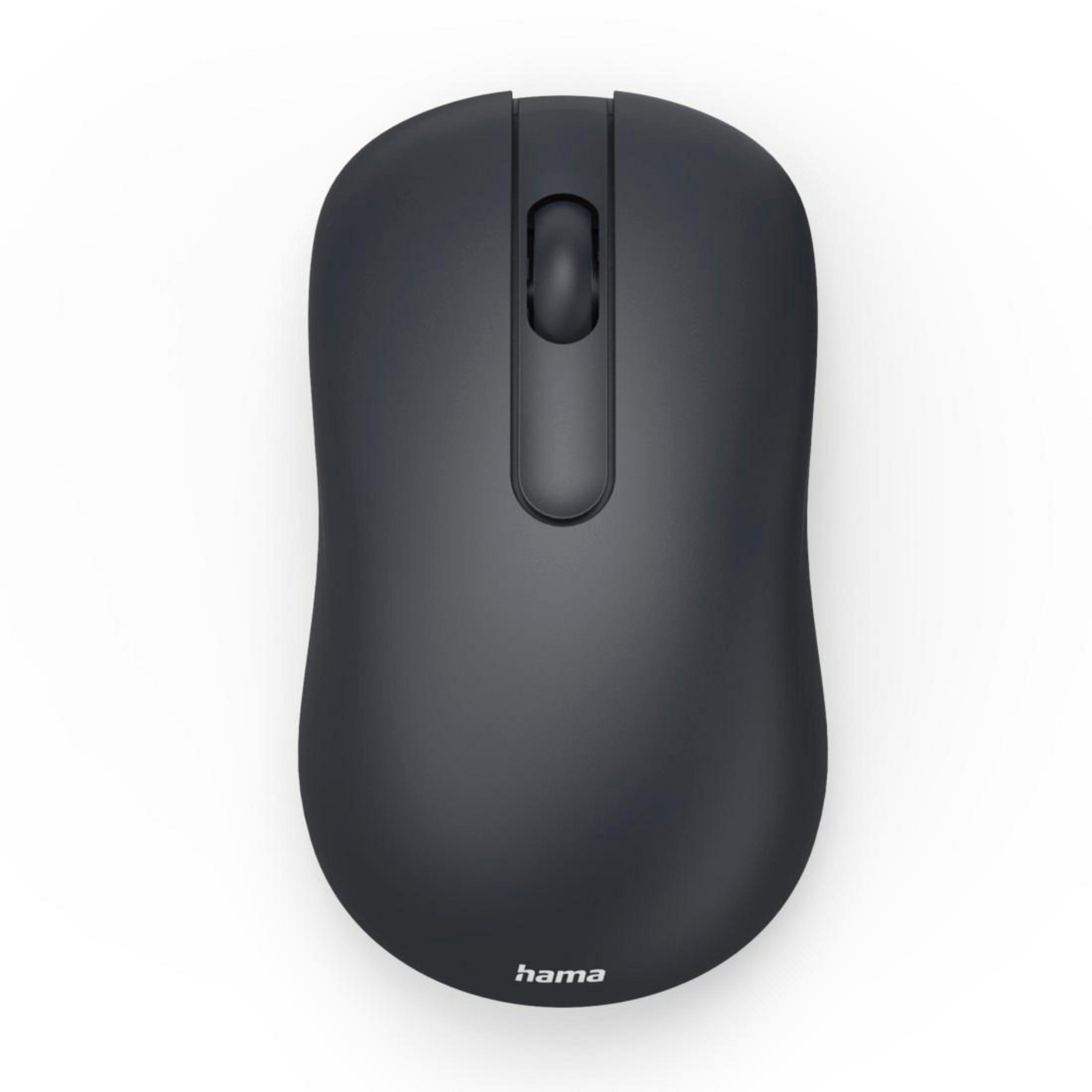 Un mouse Hama grigio scuro con rotella di scorrimento è mostrato dall'alto su sfondo bianco.