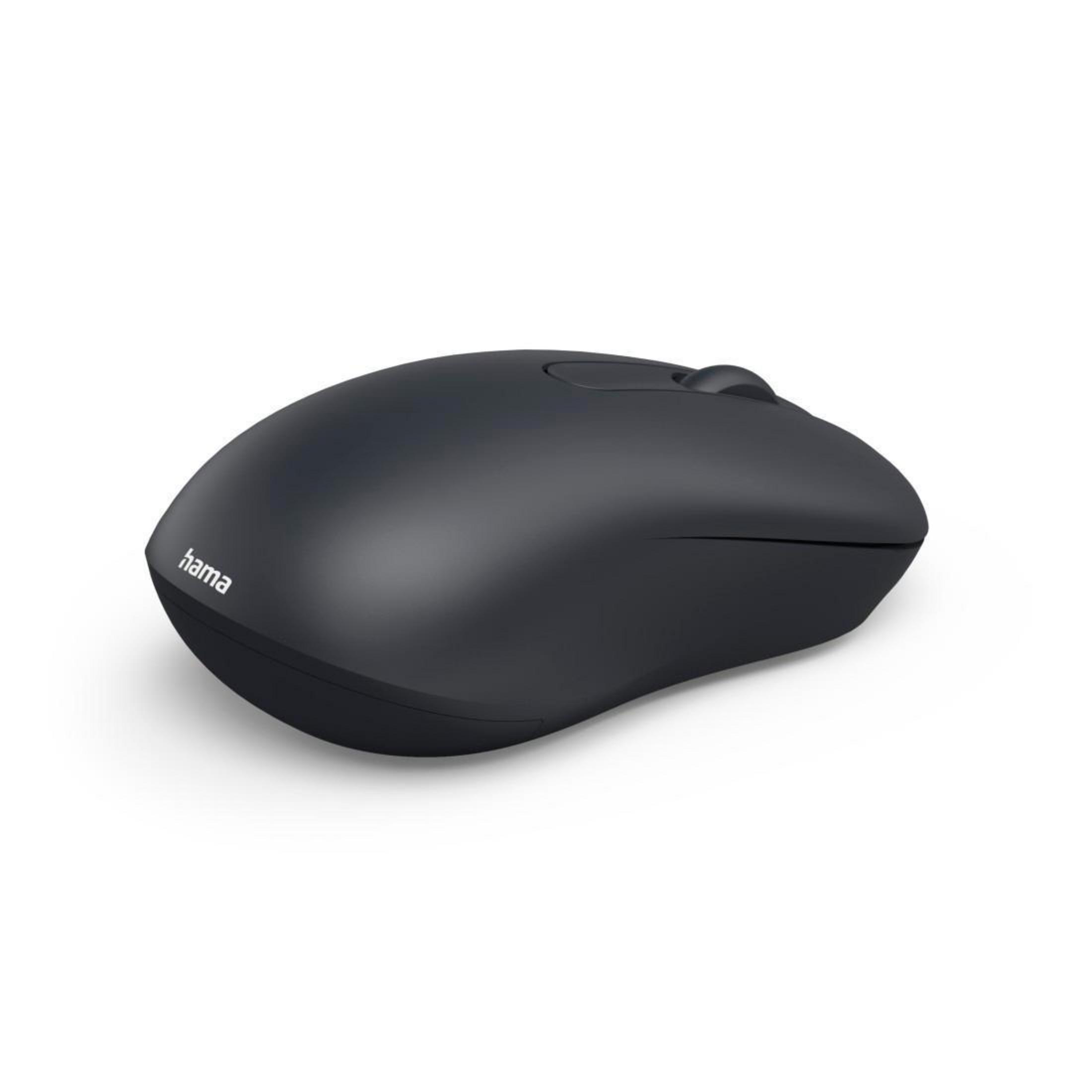 Un mouse wireless Hama nero con rotellina di scorrimento su sfondo bianco.