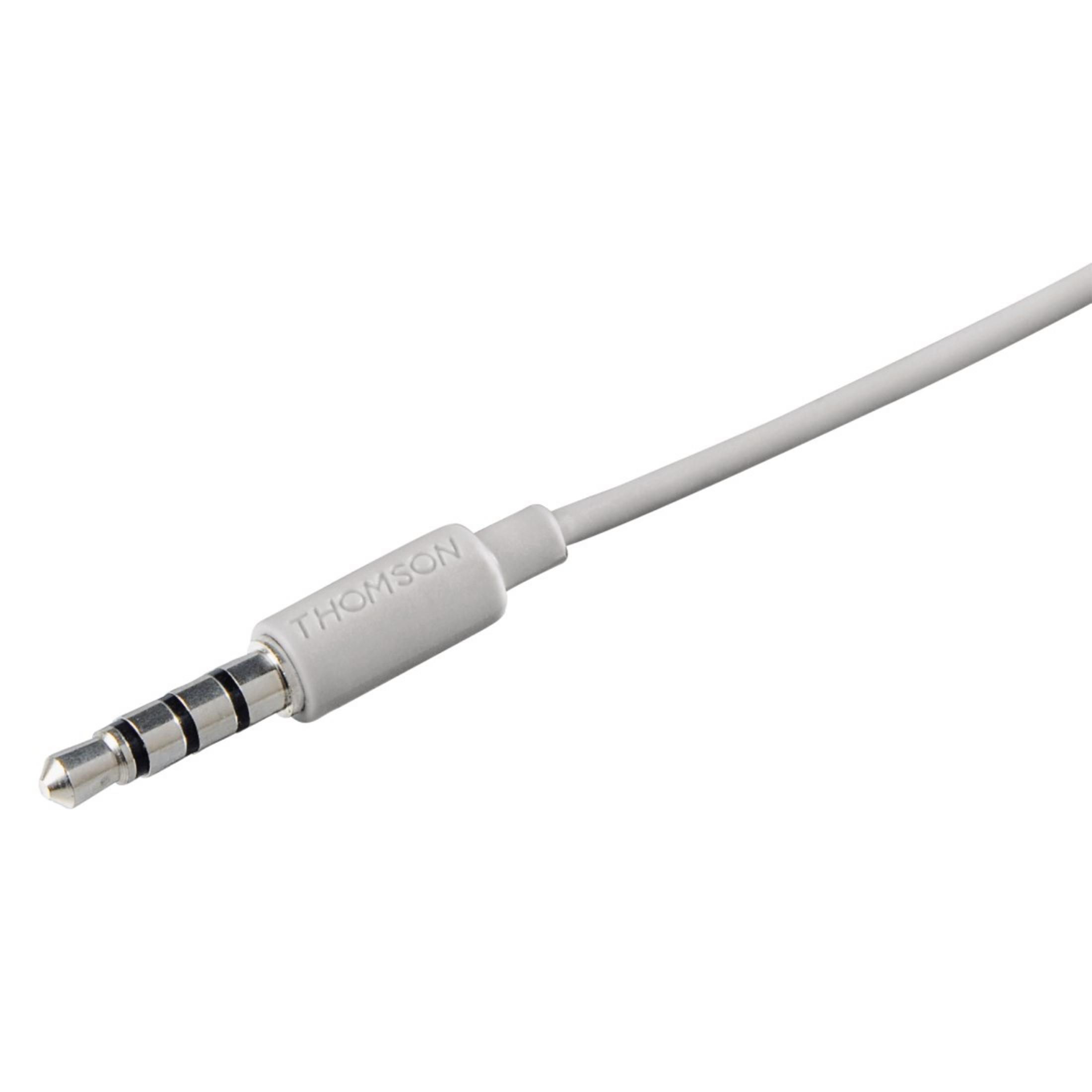 Un cavo audio Thomson bianco con jack da 3,5 mm su sfondo bianco.