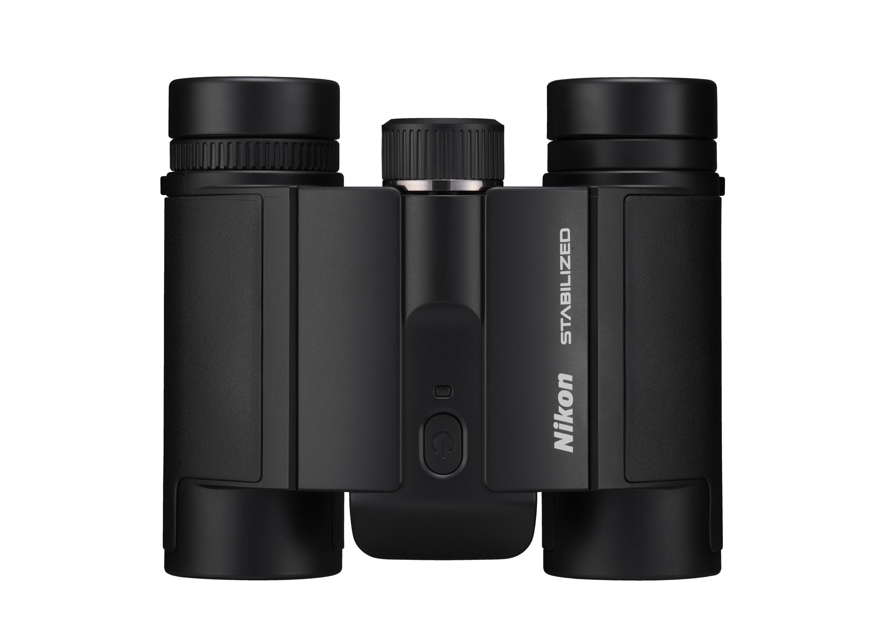 Schwarze Nikon Fernglas mit Stabilisierungsfunktion, isoliert auf weißem Hintergrund.