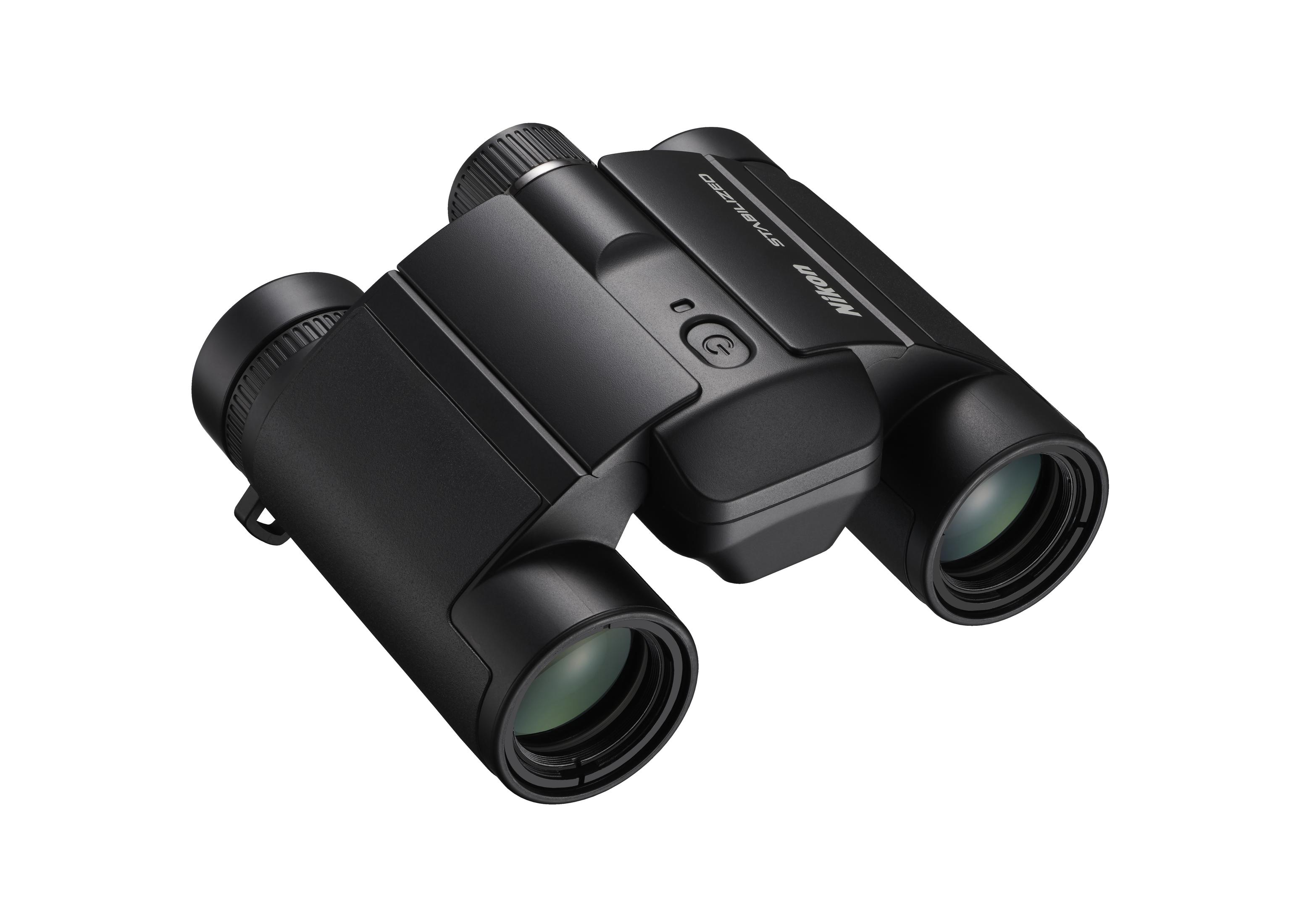 Schwarze Nikon Fernglas mit Stabilisator, auf weißem Hintergrund.