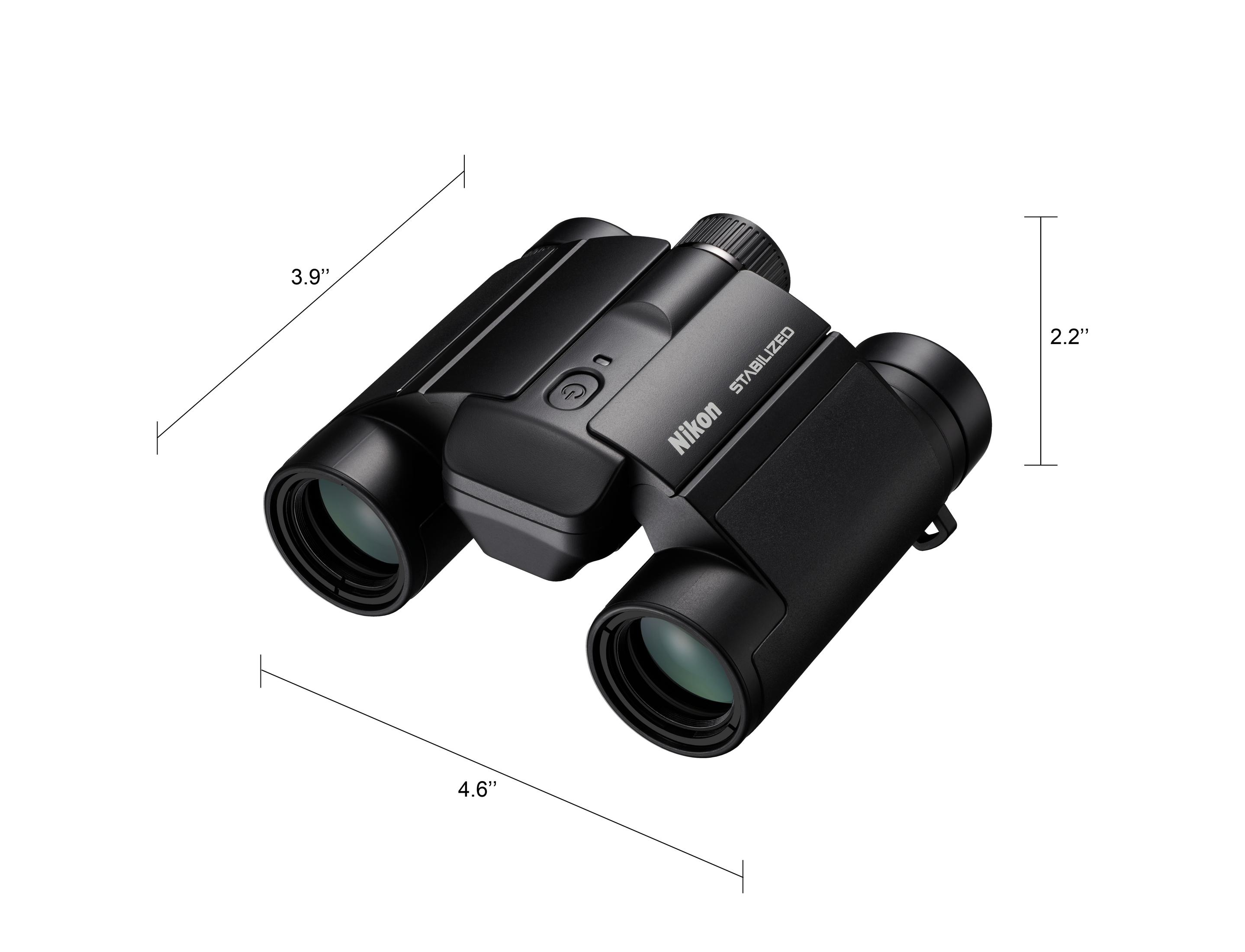 Schwarze Nikon Ferngläser mit Stabilisierungs- und Power-Knopf.
