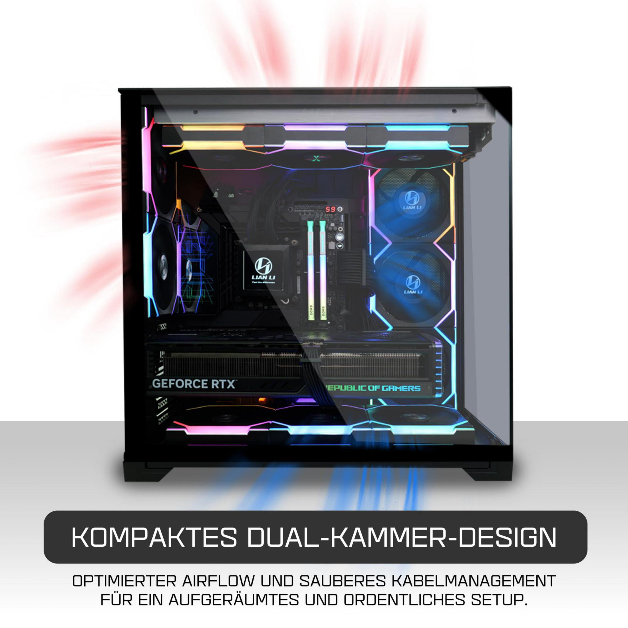 Un PC illuminato in un case nero con ventole e illuminazione RGB.