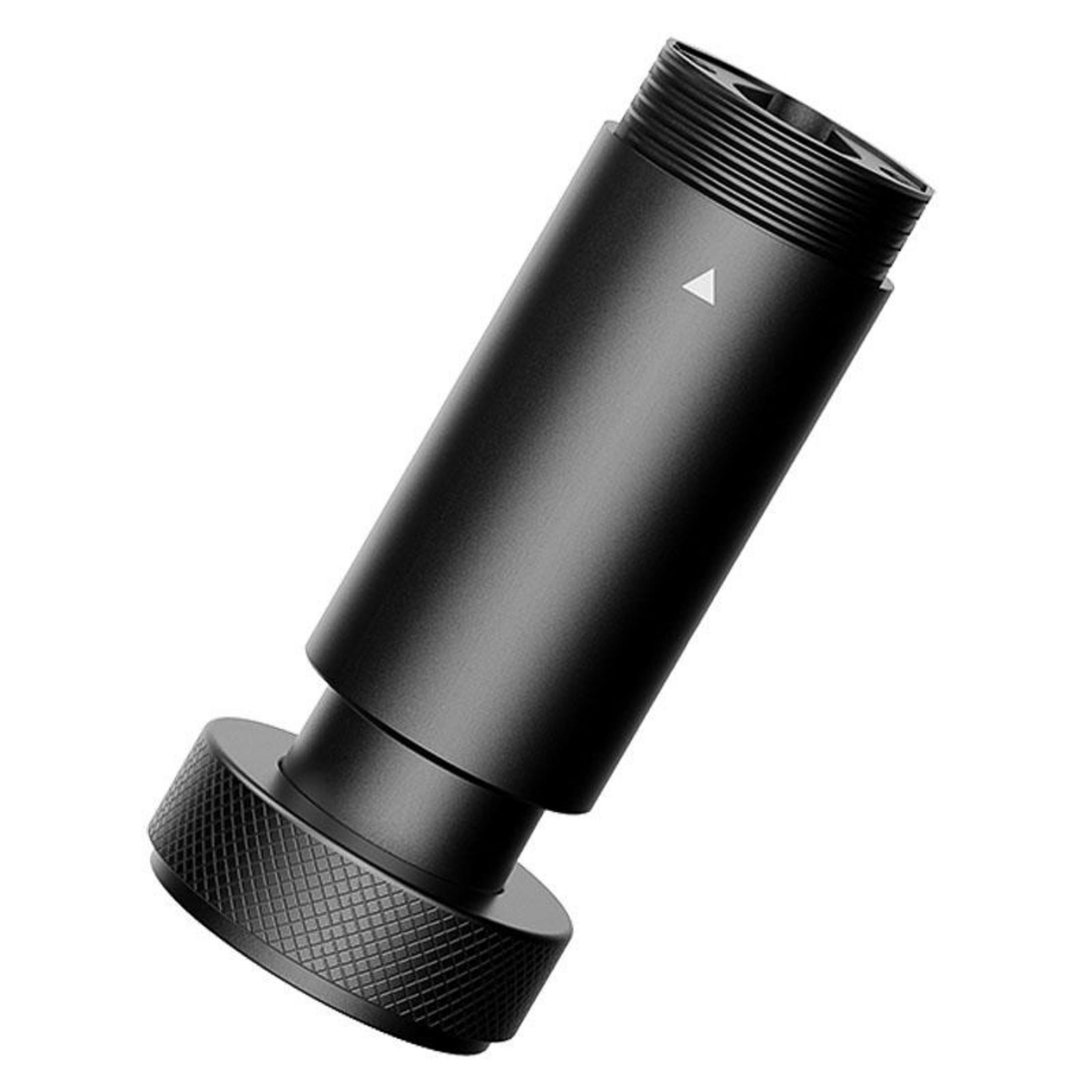 Un objet cylindrique noir avec un filetage en haut et une poignée moletée en bas.