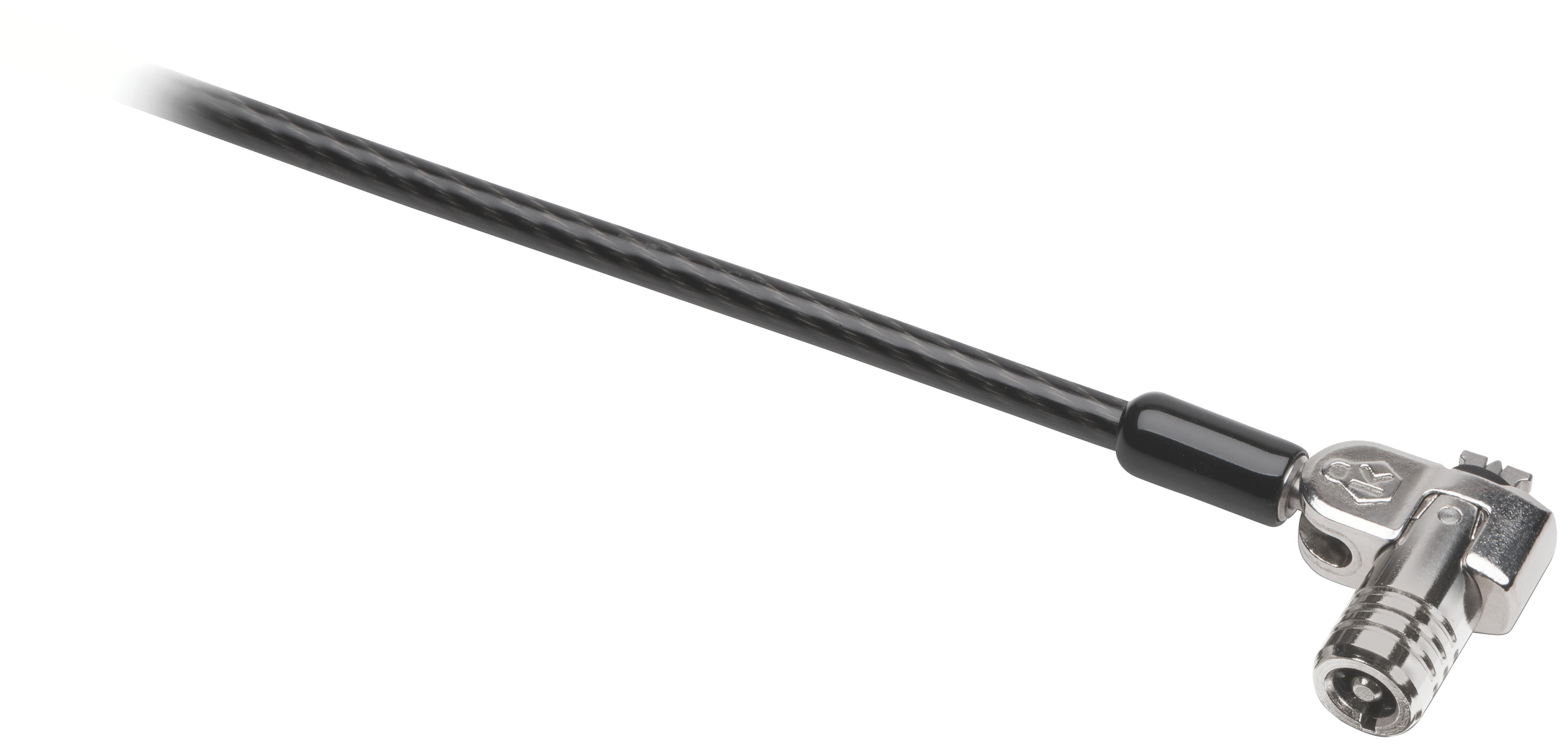 Ein schwarzes Kabel mit einem metallischen, abgewinkelten Stecker auf weißem Hintergrund.