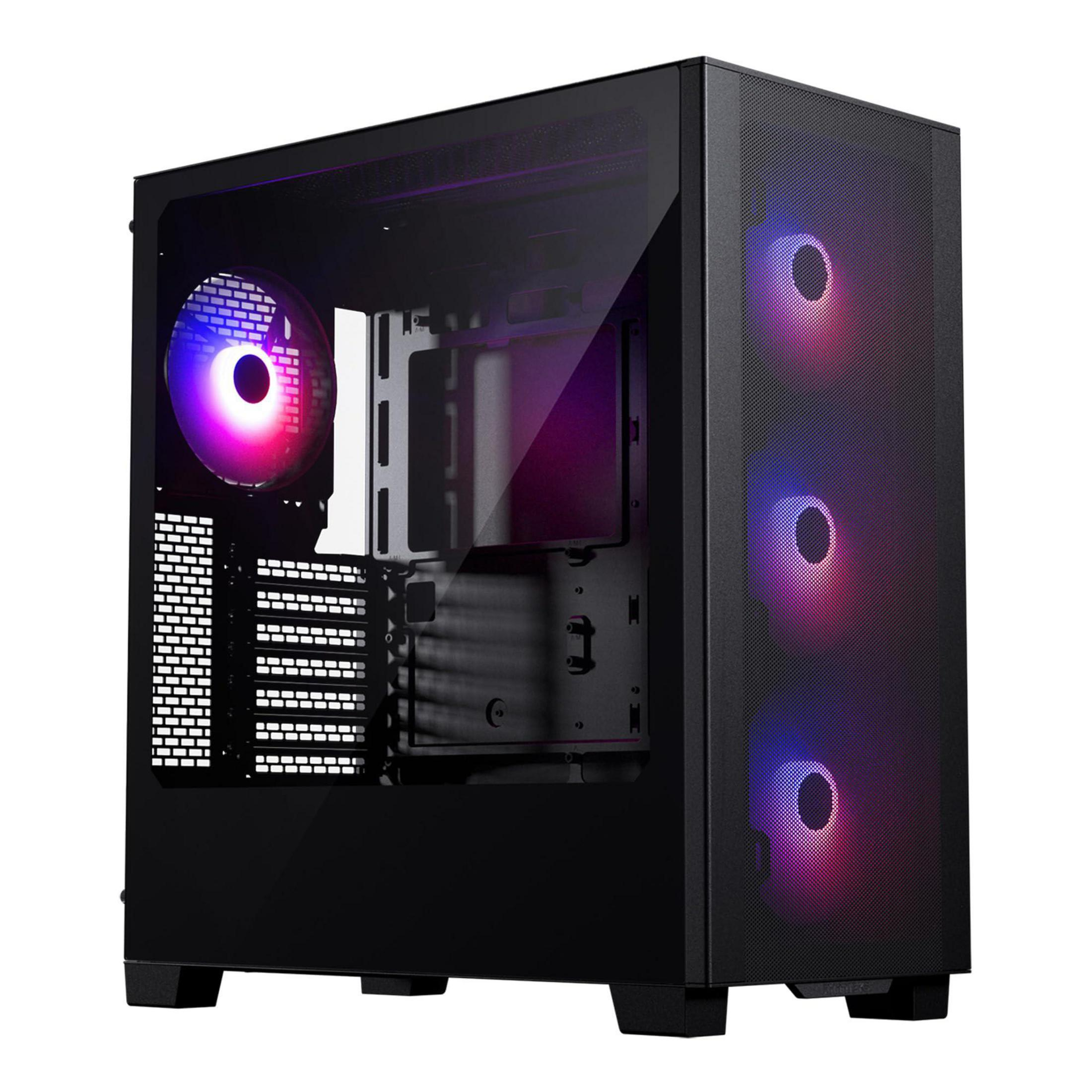 Case PC nero con pannello in vetro e ventole RGB.