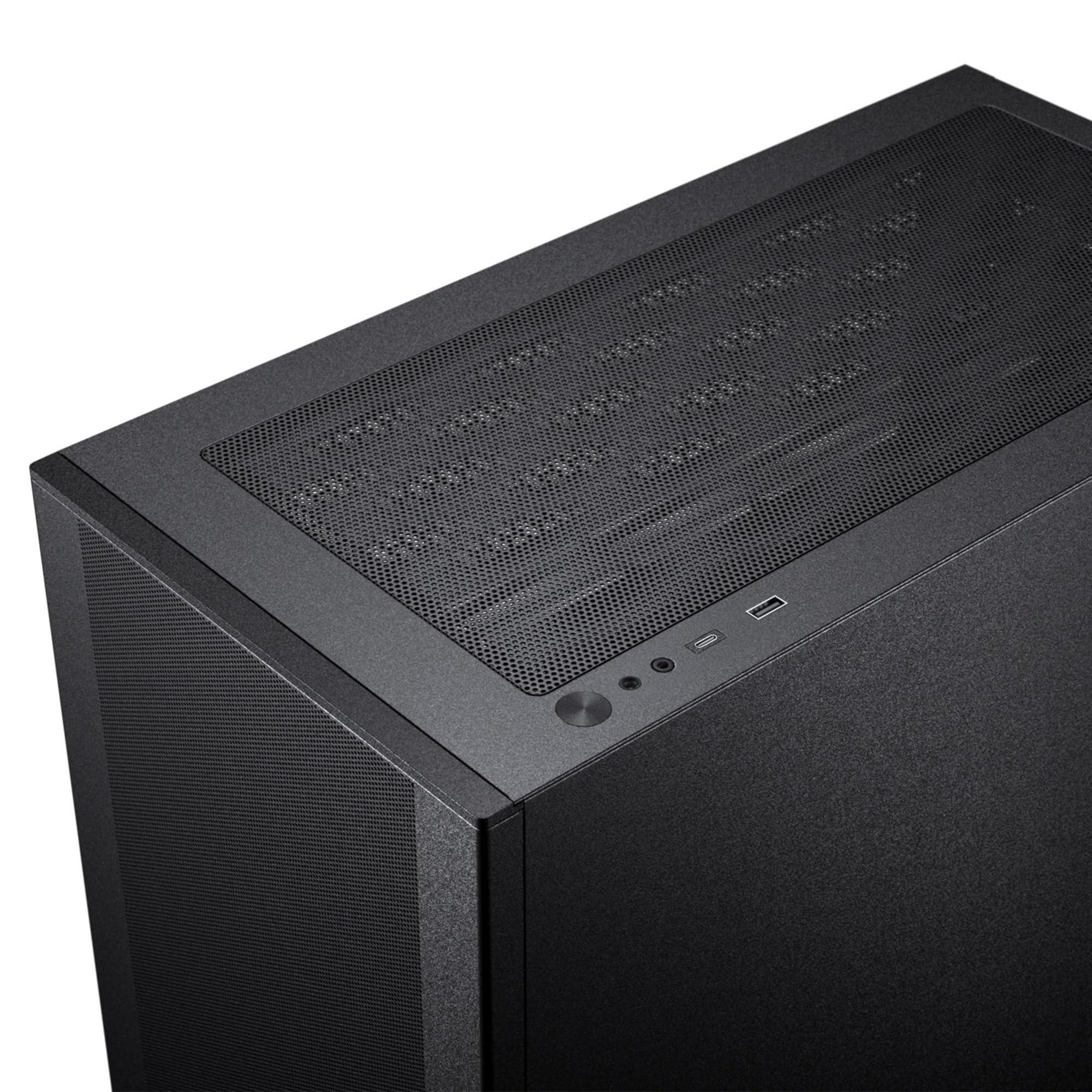 Case PC nero con griglia di ventilazione superiore e porte.