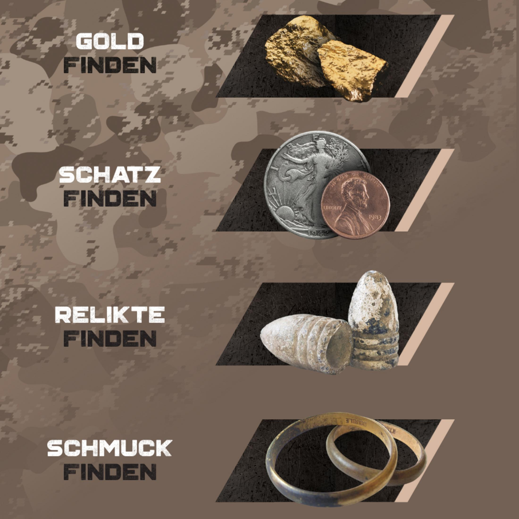 Vier Abschnitte zeigen Goldnuggets, Münzen, Kugeln und Schmuck. Tarnhintergrund.