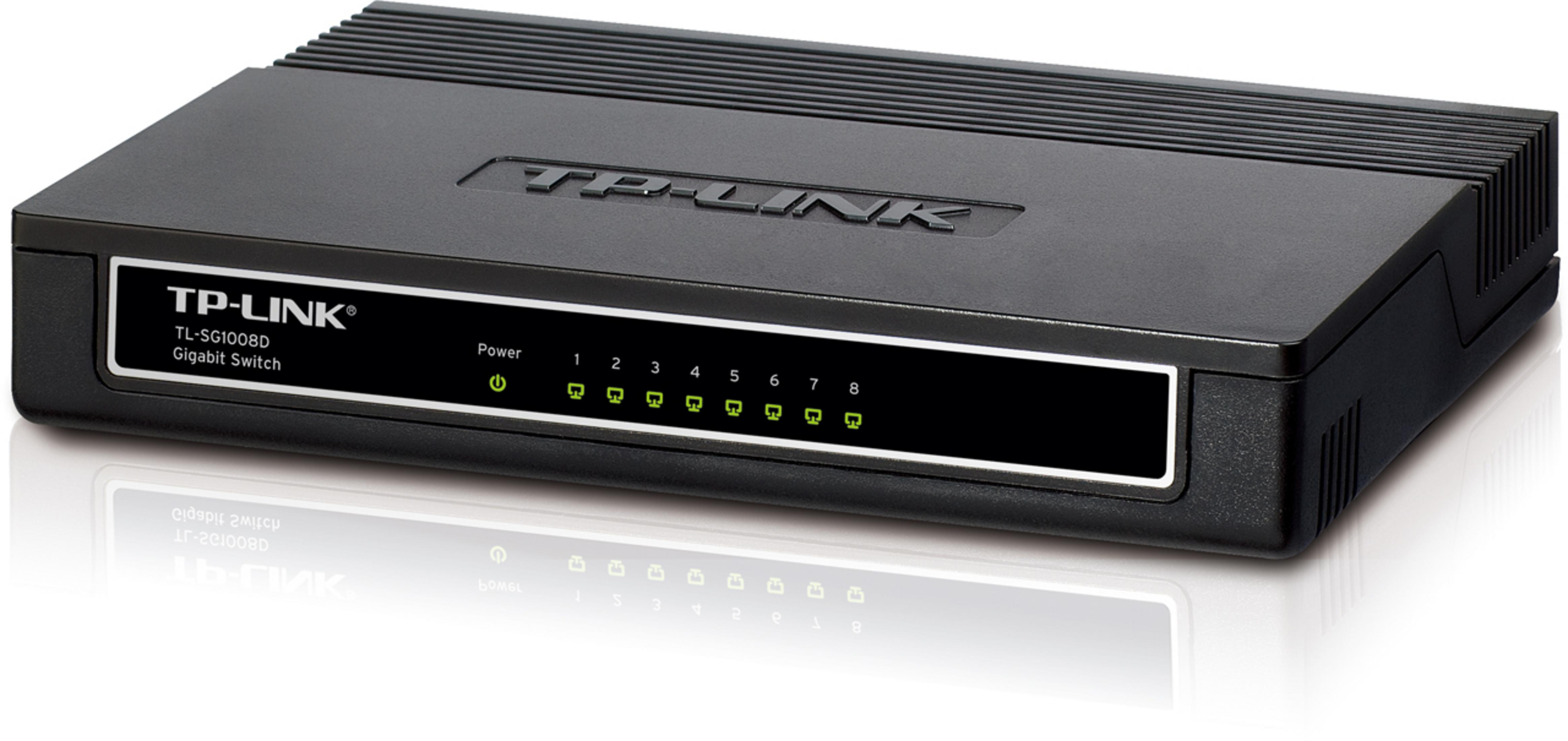 Uno switch Gigabit TP-Link nero a 8 porte con LED di stato verdi.