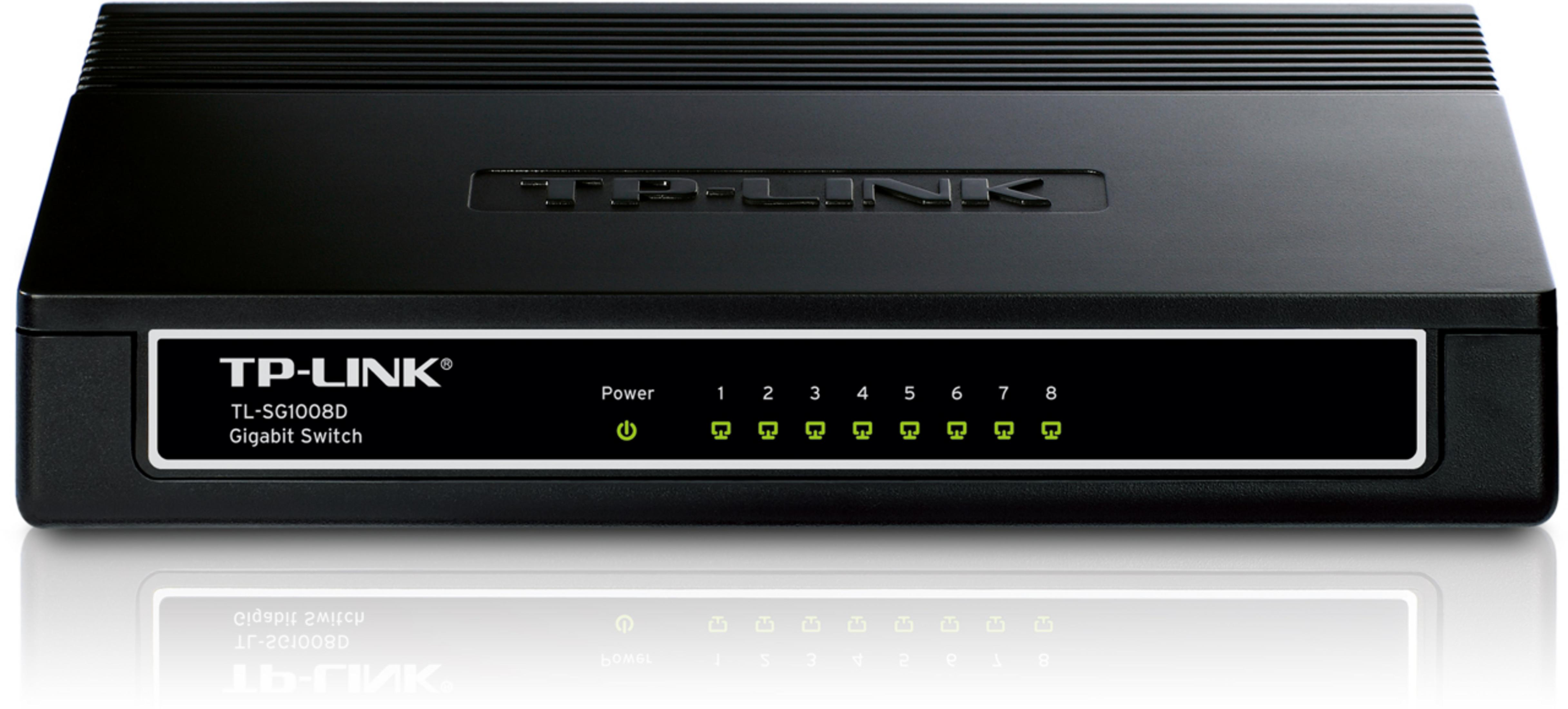 Uno switch Gigabit TP-Link nero con 8 porte e LED di accensione.