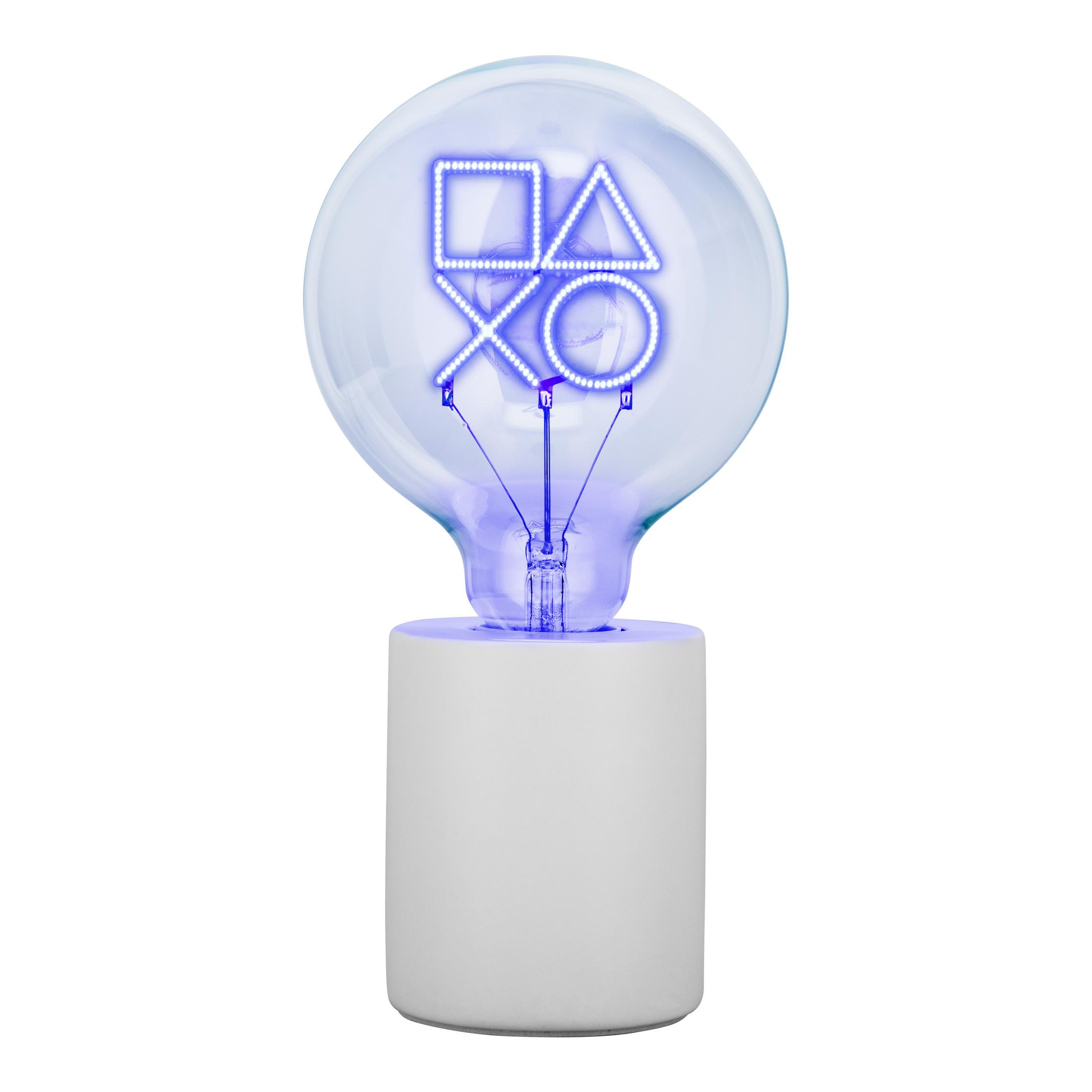 Żarówka z symbolami PlayStation w niebieskim neonowym świetle.