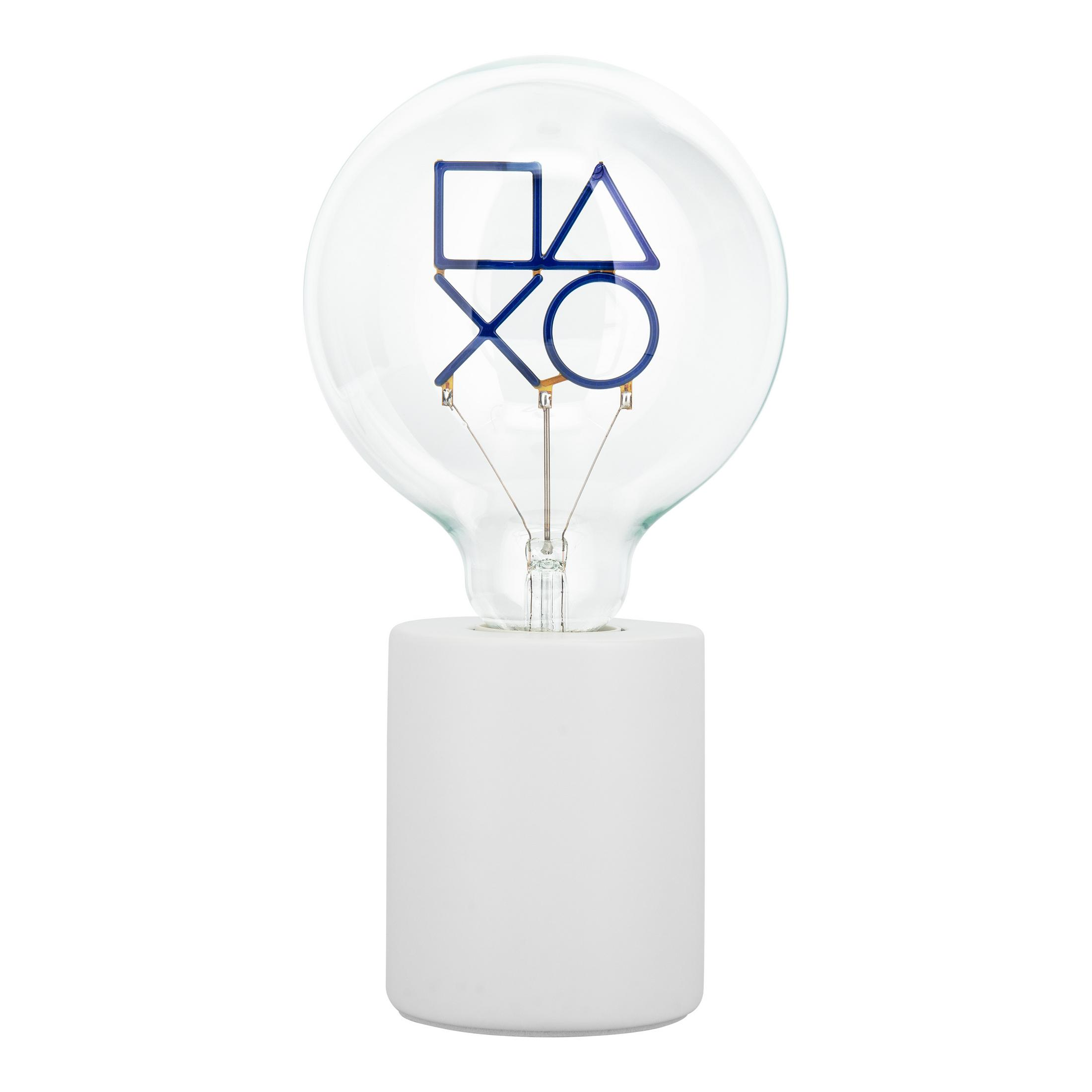 Biała lampa z symbolami PlayStation wewnątrz żarówki.