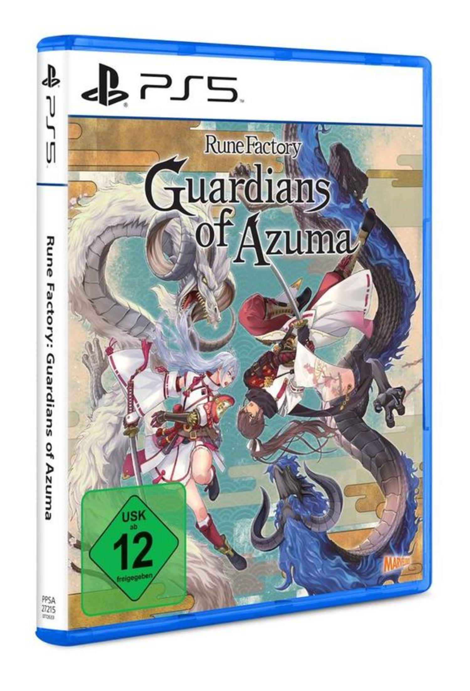 Custodia gioco PS5 Rune Factory: Guardians of Azuma, con due guerriere e draghi.