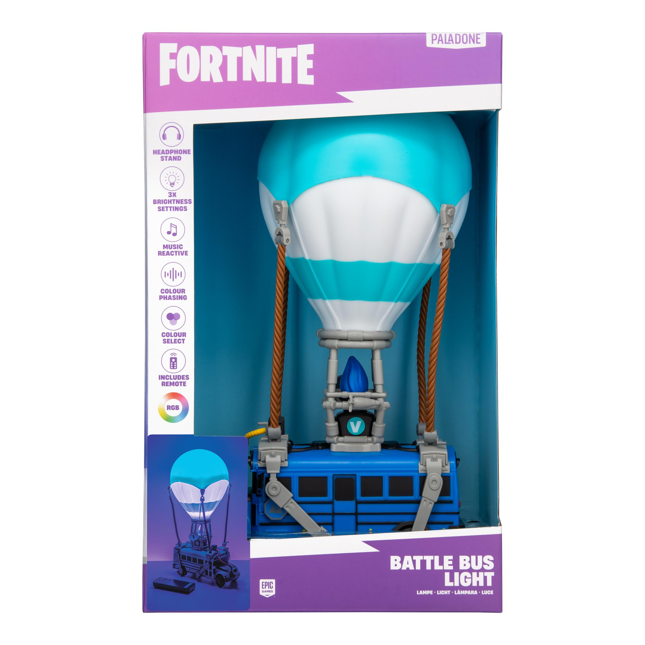 Lampa Fortnite Battle Bus z niebieskim balonem, szarą ramą i pilotem.