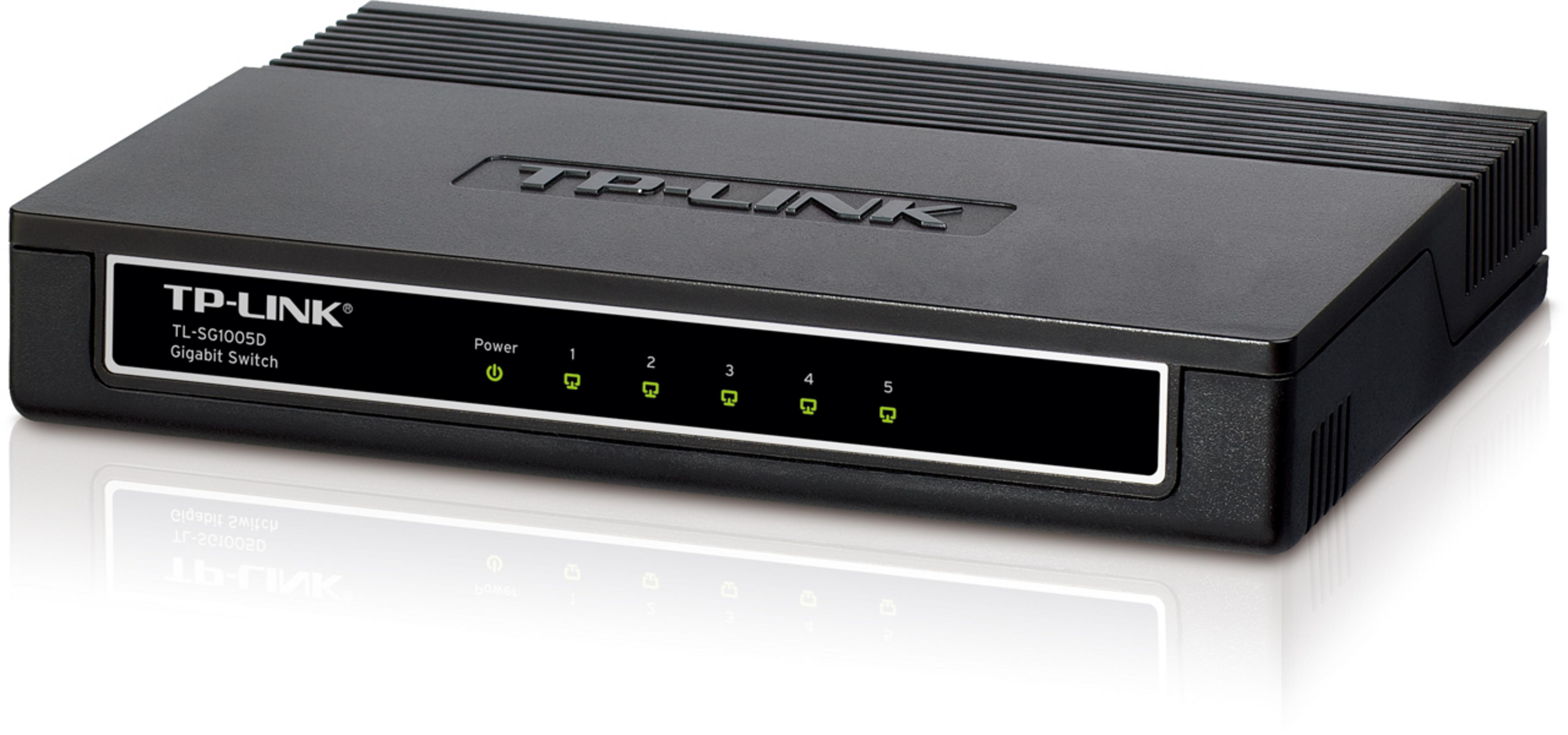 Switch Gigabit TP-Link nero a 5 porte con LED verdi.