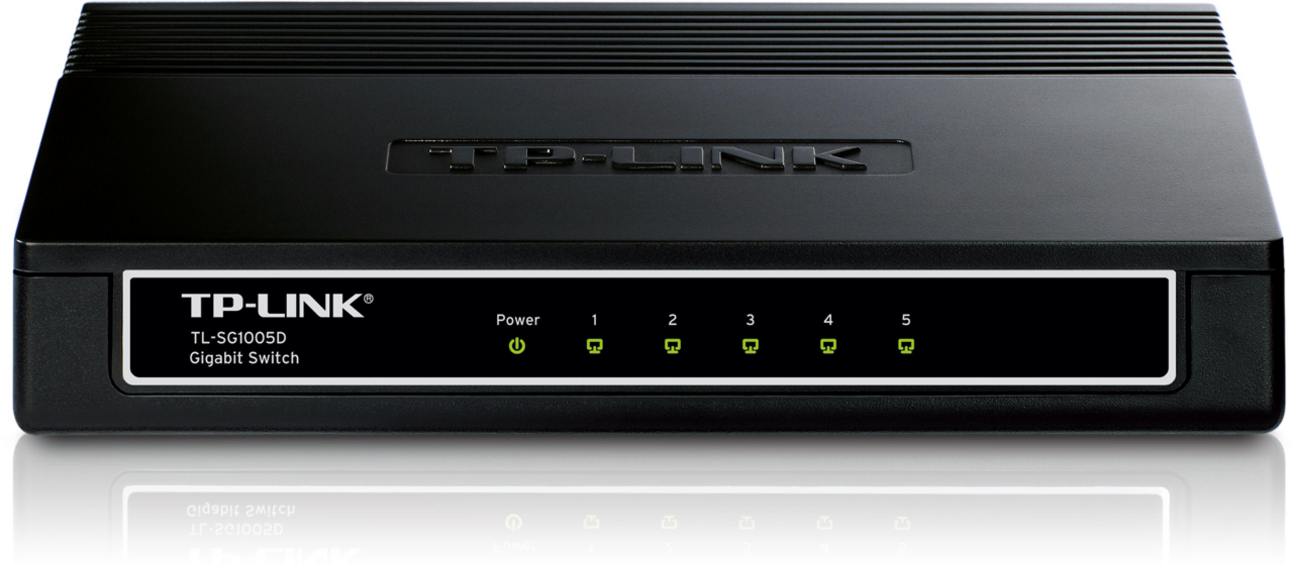 Switch Gigabit TP-Link nero a 5 porte con LED di stato verdi luminosi.