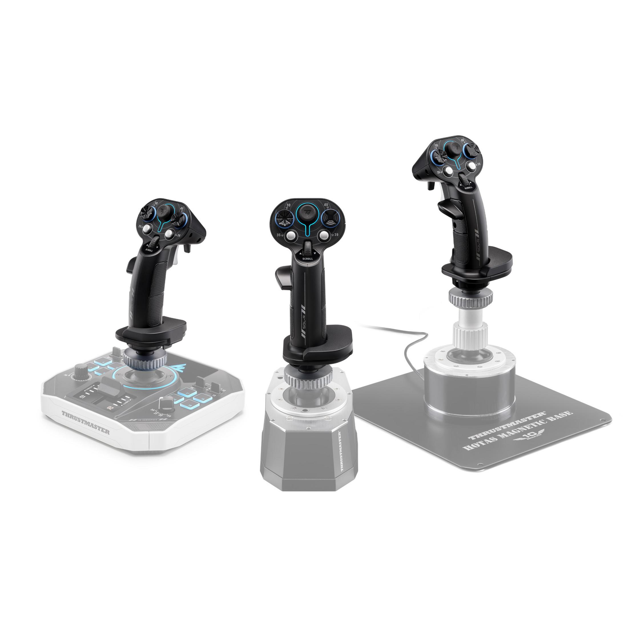 Three black joysticks with different bases on a white background.