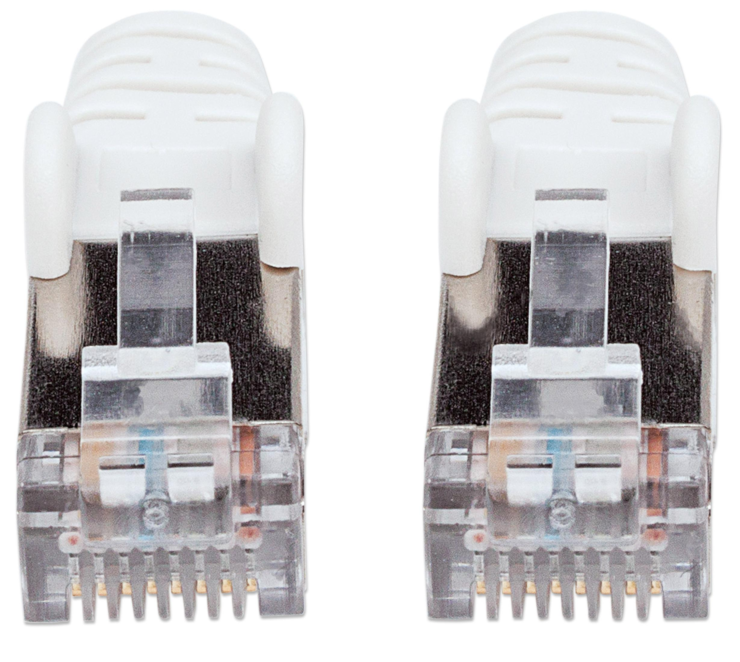 Due connettori RJ45 bianchi con custodie e contatti trasparenti.